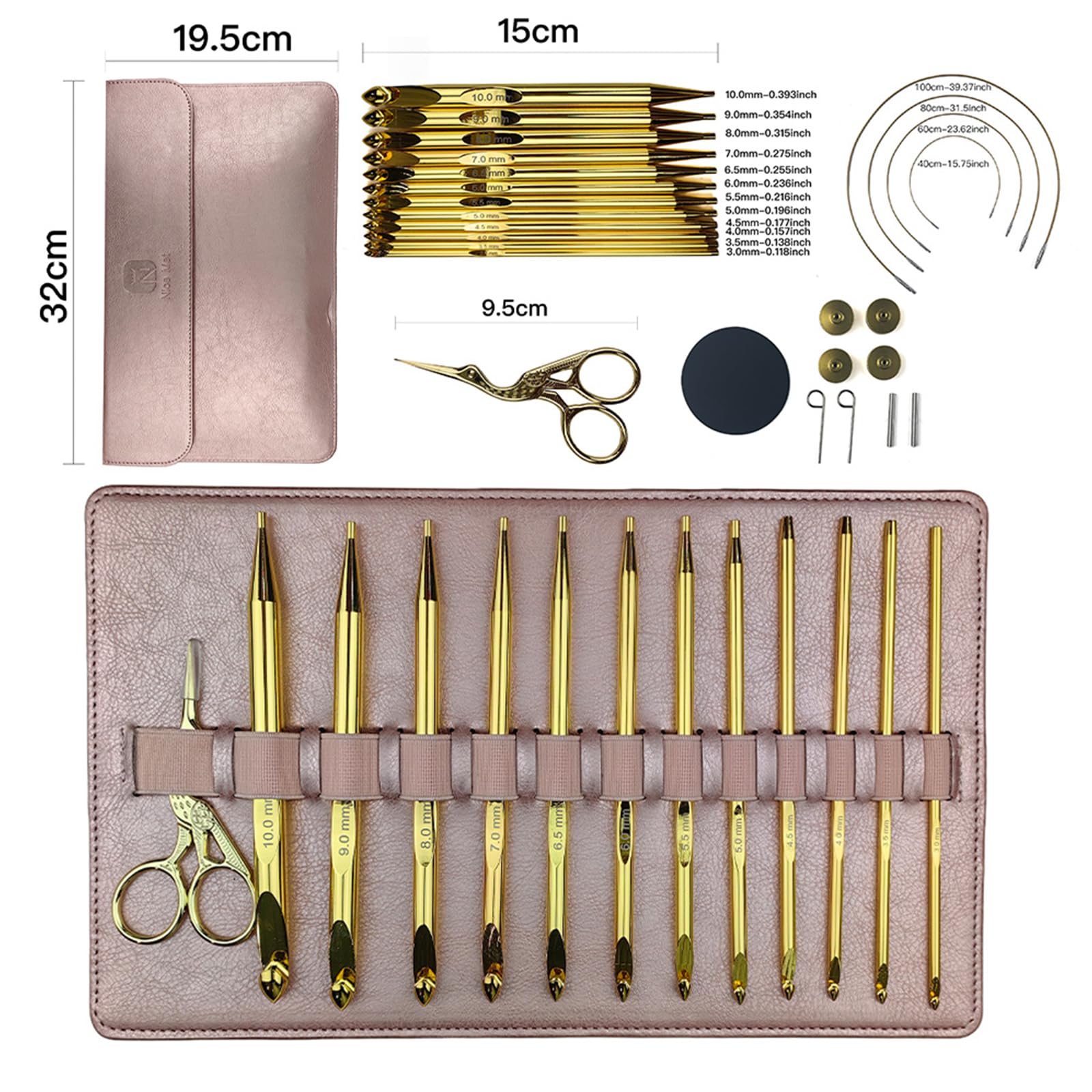 LetCart Juego de 12 agujas de ganchillo tunecinas con funda de poliuretano rosa, agujas de crochet de aluminio cromado para tejer alfombras con tijeras y accesorios