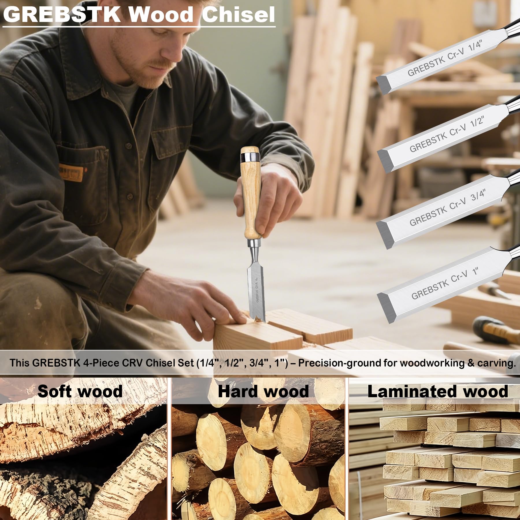 Snapklik.com : GREBSTK 4 Pcs Wood Chisel Set CRV Steel Bevel Sharp Edge ...