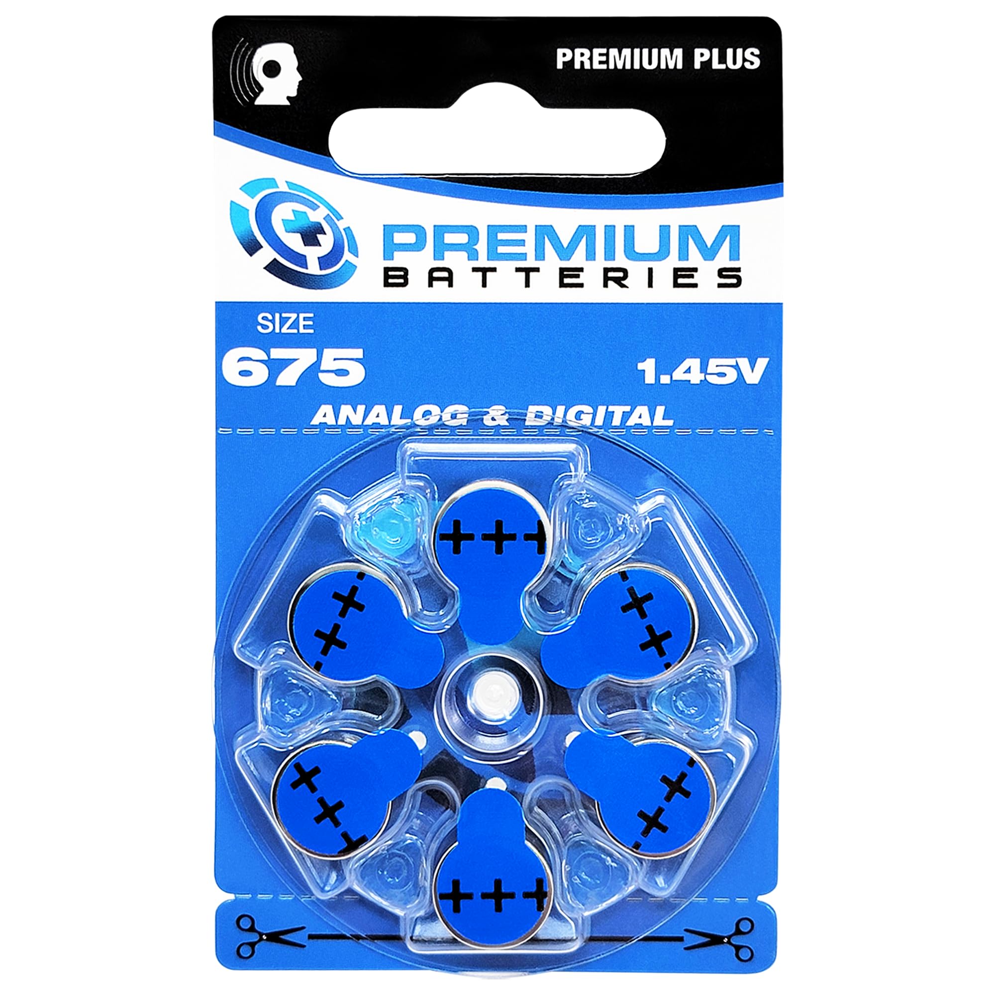 Premium Batteries Dimensioni 675, ZA675, PR44, P675 1,45 V zinco-aria batterie per apparecchi acustici Blue Tab (120 batterie)