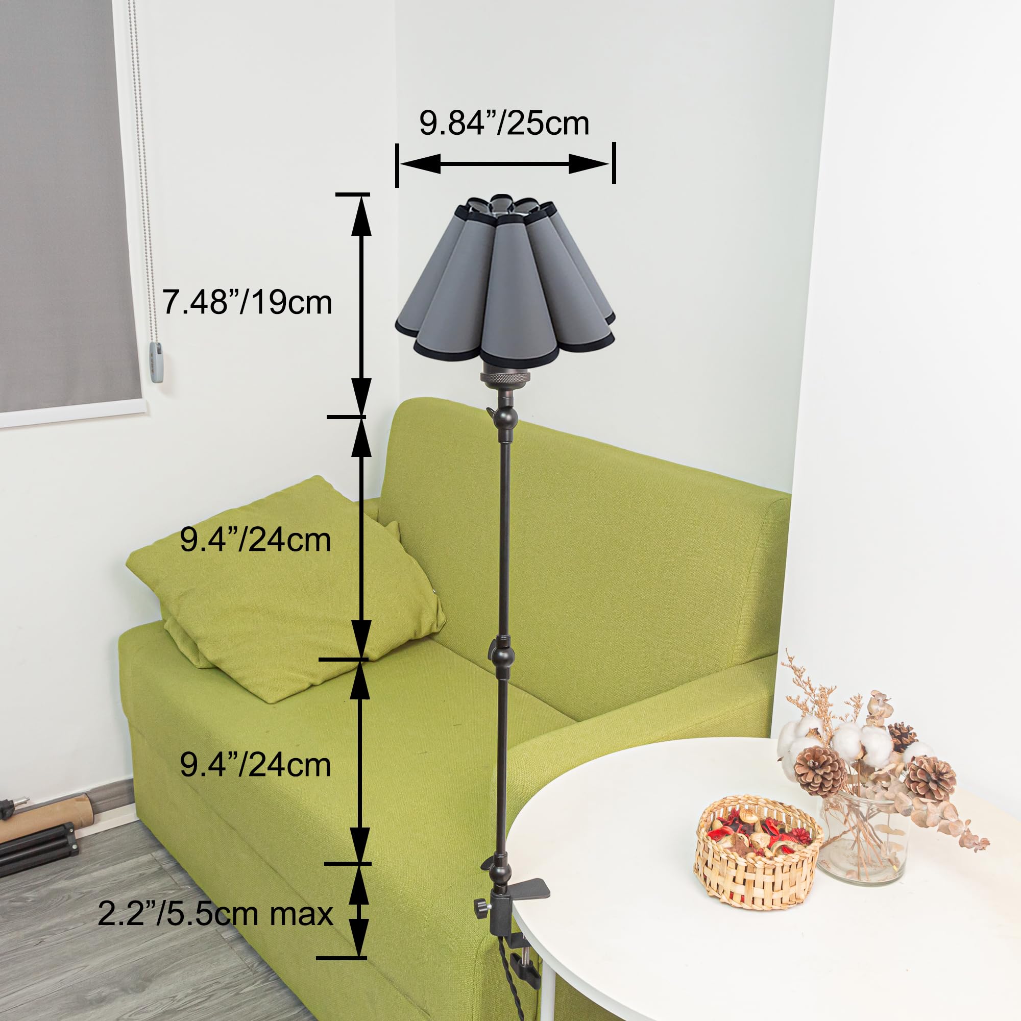 Klemmleuchte Einstellbar, Leselampe mit 2,5 m Kabel und Grau Stoff-Lampenschirm, Dimmbar Nachttischlampe,Augenpflege Schreibtischlampe für Büro Heimgebrauch, E27 Lampenhalterung-TD0632