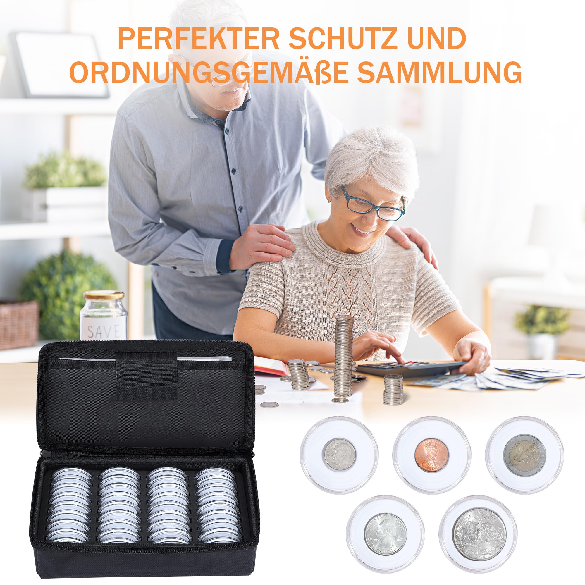 JUNDUN Feuerfest Münzen und Scheine Aufbewahrung Münzbox für Sammler | 36 Stück Münzkapseln mit Schaumstoffdichtung & 100 Stück Banknotenhülle, 5 Größen (40/35/30/25/20mm) Münzkoffer