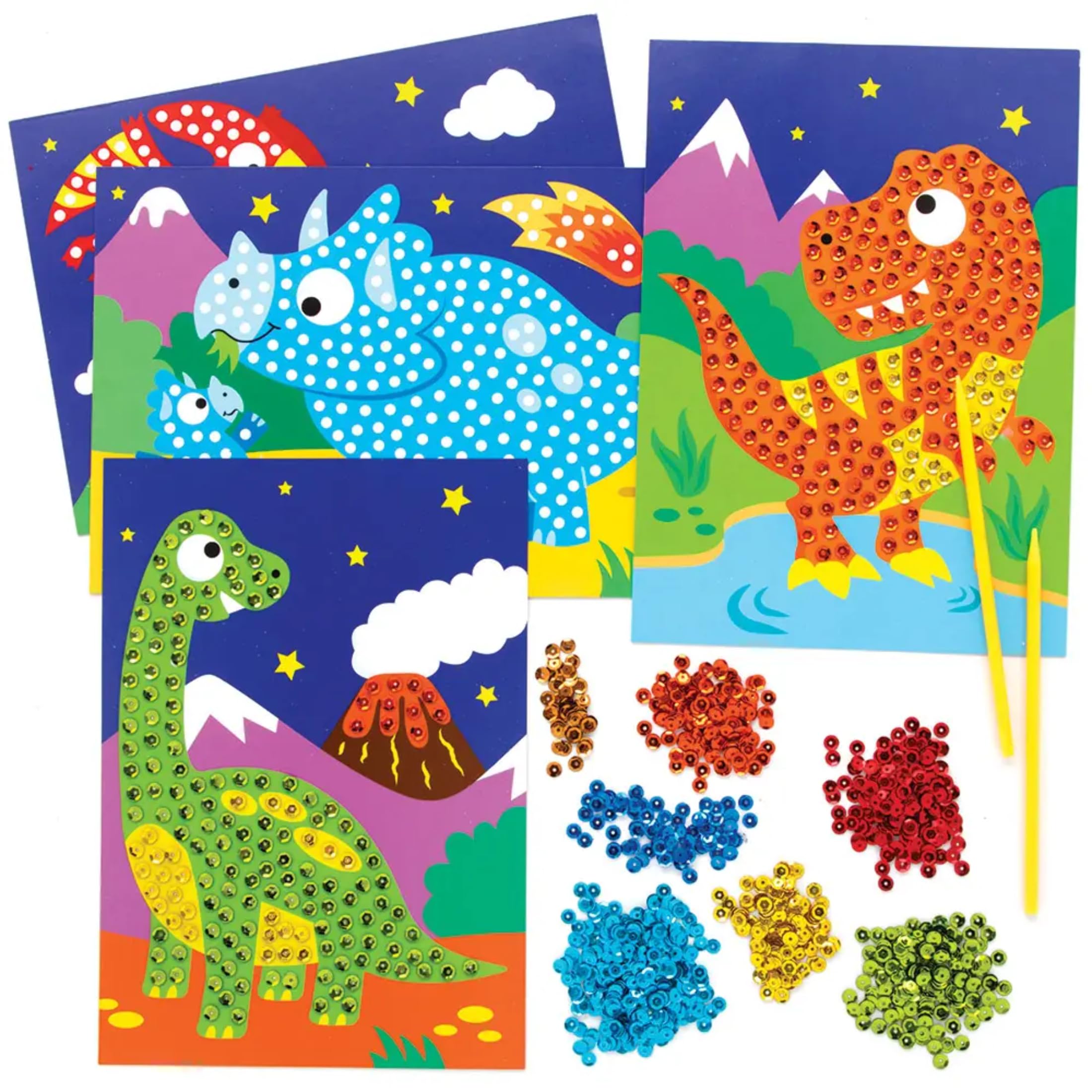 Baker Ross FE115 Dinosaur Sequin Art Kits - Pack of 4, Make Your Own Childrens Art Set, Creative Activities for Kids, Decorate Your Own Arts and Crafts Project