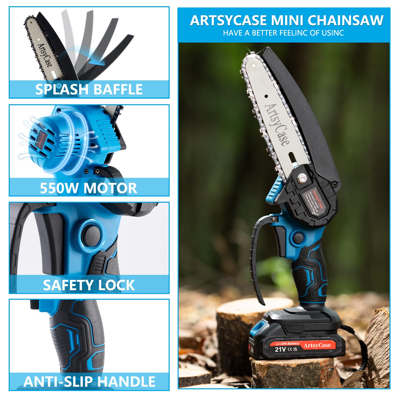 ArtsyCase Mini motosierra de 6 pulgadas, inalámbrica, portátil, pequeña motosierra de mano para podadora de árboles, corte de madera y bambú, sierras de cadena, regalos para marido, papá, jardinero
