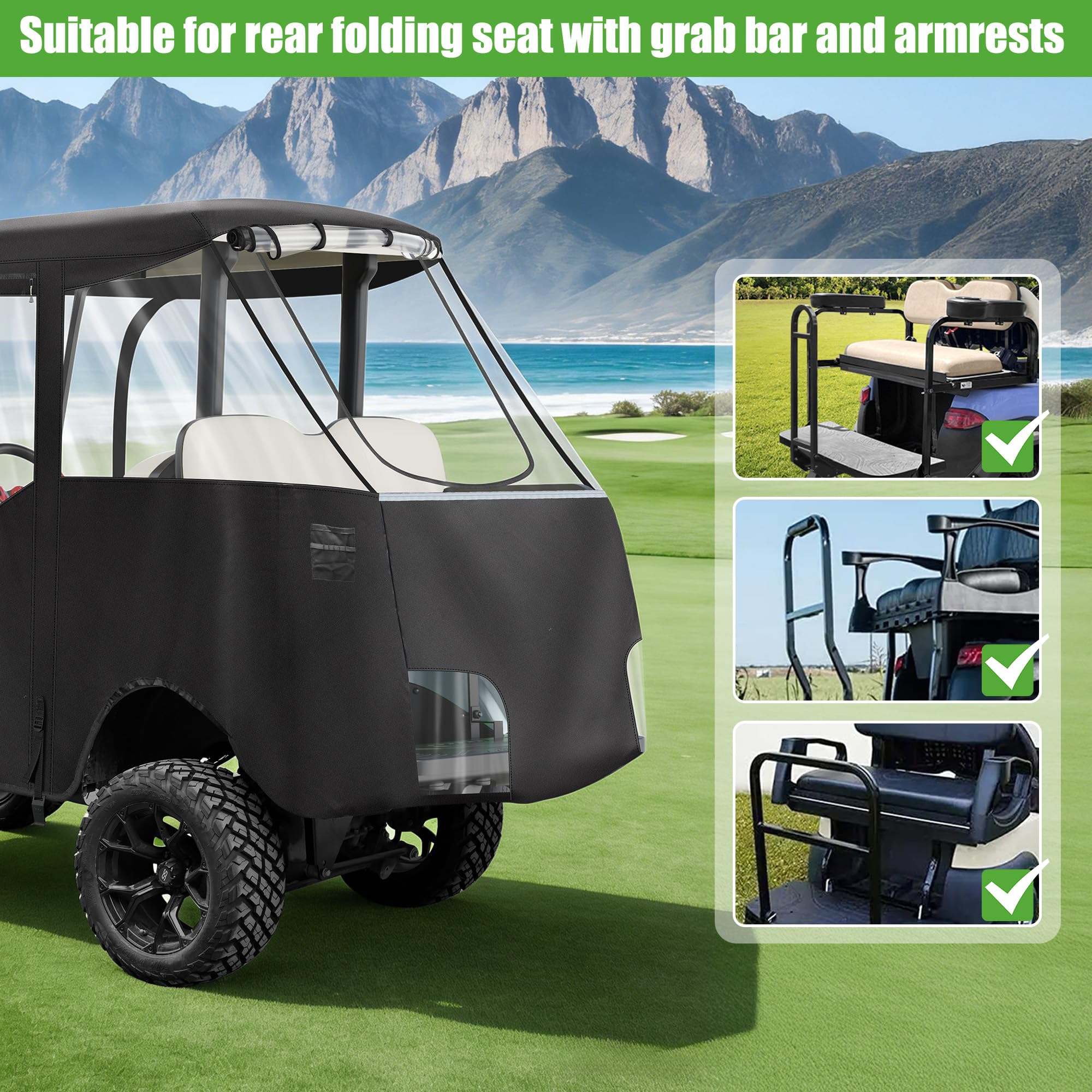 10L0L Obudowa wózka golfowego dla 4 pasażerów pasuje do Yamaha G29 Drive and Drive 2, 600D Heavy Duty 4-osobowa osłona przeciwdeszczowa Yamaha z przezroczystą przednią szybą PCV, wodoodporna tkanina