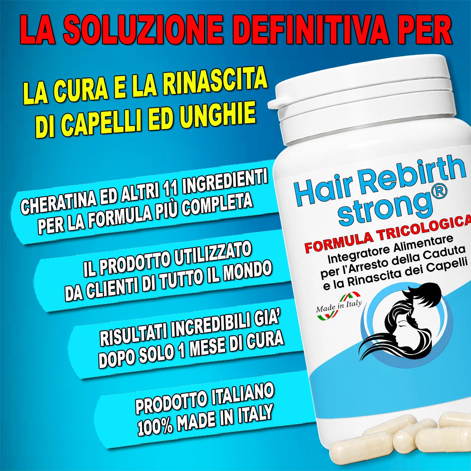 HAIR REBIRTH STRONG * 3 Flaconi: 270 capsule * la Migliore Cura per i Capelli * Nuova Formula Tricologica: Cheratina Biotina Cistina Calcio D Vitamina B * Blocco della Caduta e Rinascita dei Capelli