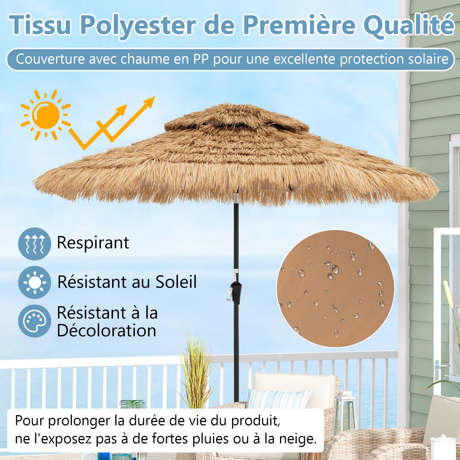 COSTWAY Parasol de Jardin Exterieur Ø 290 cm, Parasol Plage Hawaïen en 9 Couches Paille, 35° Inclinaison et Manivelle, 32 Lumières LED Solaire, 8 Baleines, pour Jardin Plage Piscine