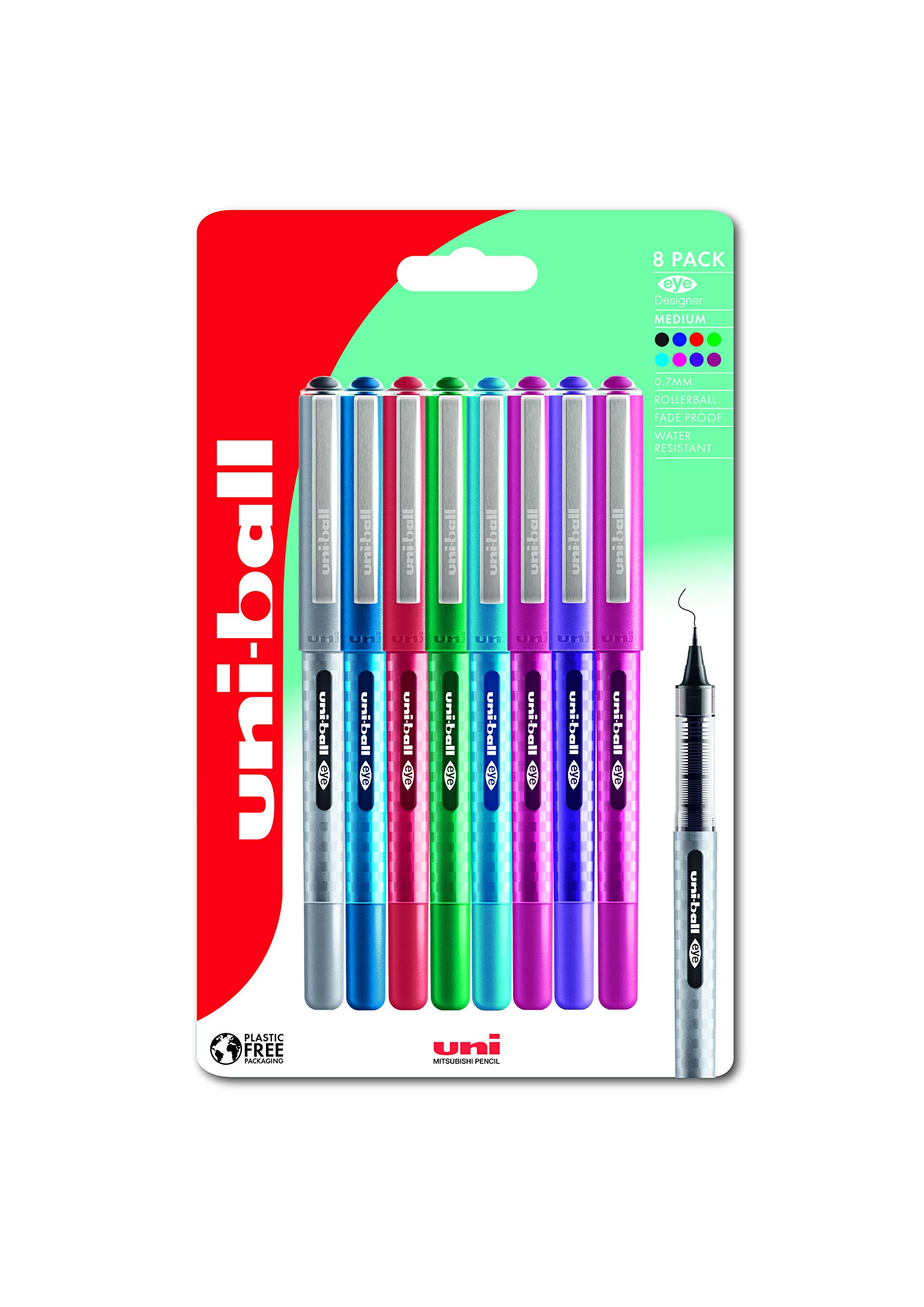 uni-ball Eye Designer UB-157D 0.7mm Medium Tip Rollerball Pen for Super Smooth Writing - Fade Resistant and Water Resistant (Pack of 8)