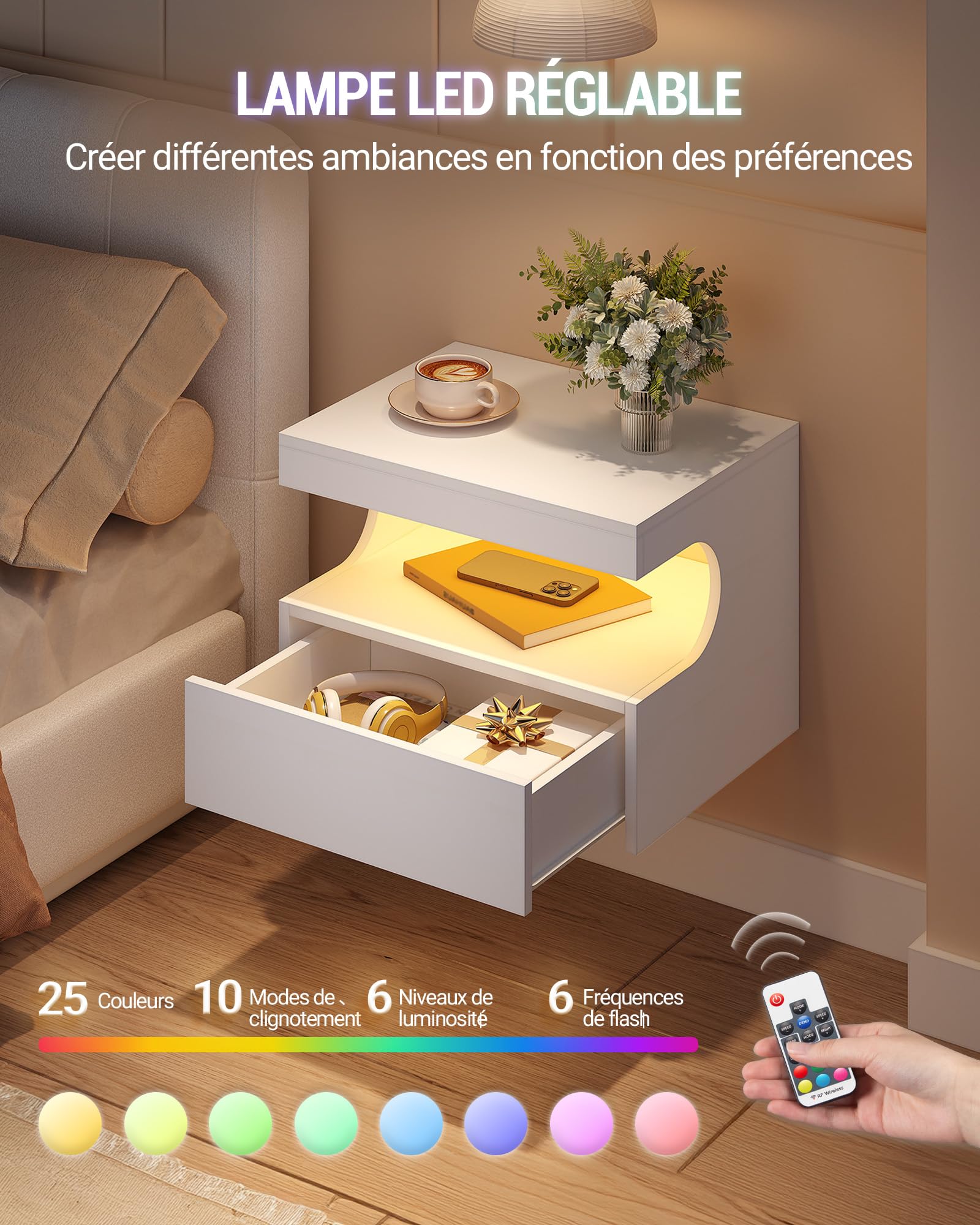 Hzuaneri Table de Chevet Suspendue Lot de 2, Table de Nuit Suspendue LED, Tables de Chevet Murale avec 1 Tiroir Coulissant avec Espace Ouvert, Moderne, pour Chambre à Coucher, Salon, Blanc NS50403XEU