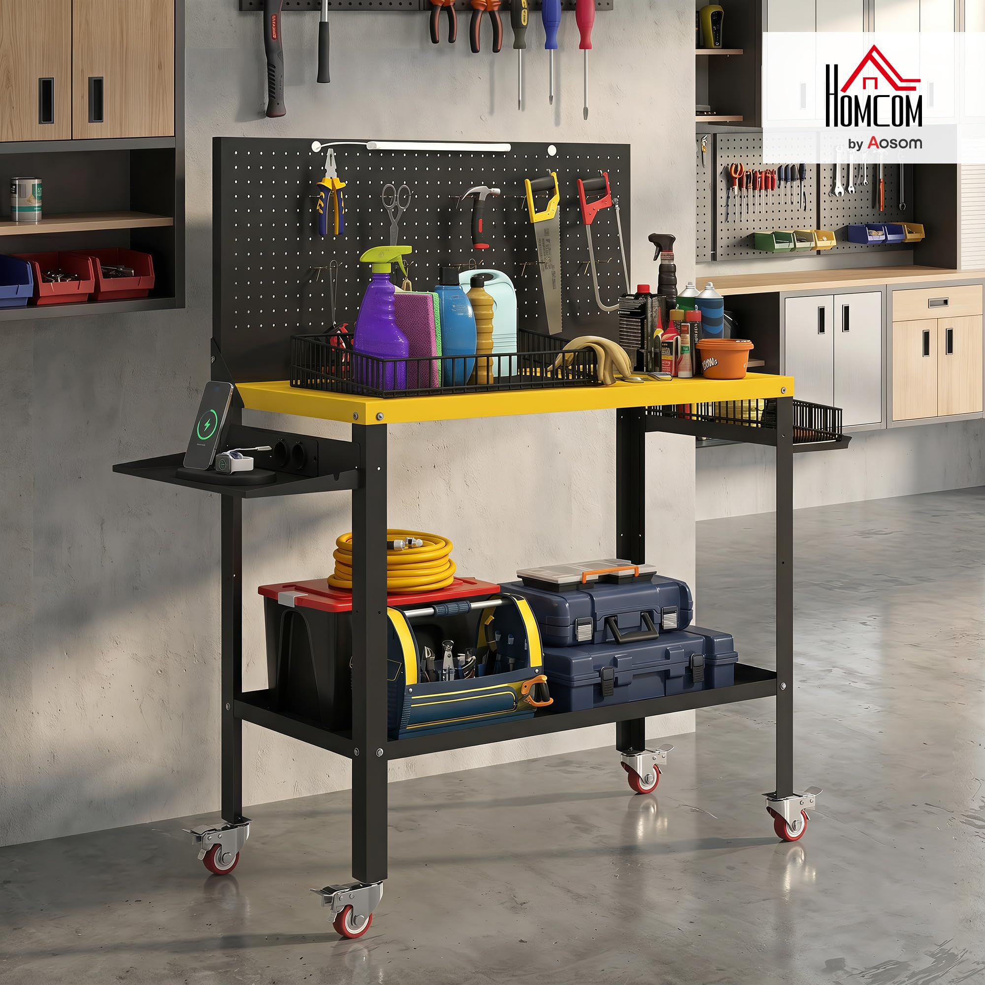 HOMCOM Banco de Trabajo con Panel Perforado y Ruedas, Mesa de Trabajo con Enchufes, USB, Luz LED y Estructura Metálica, Carga 300 kg, Banco para Garaje o Taller, 128x49,5x127,5 cm, Negro y Amarillo