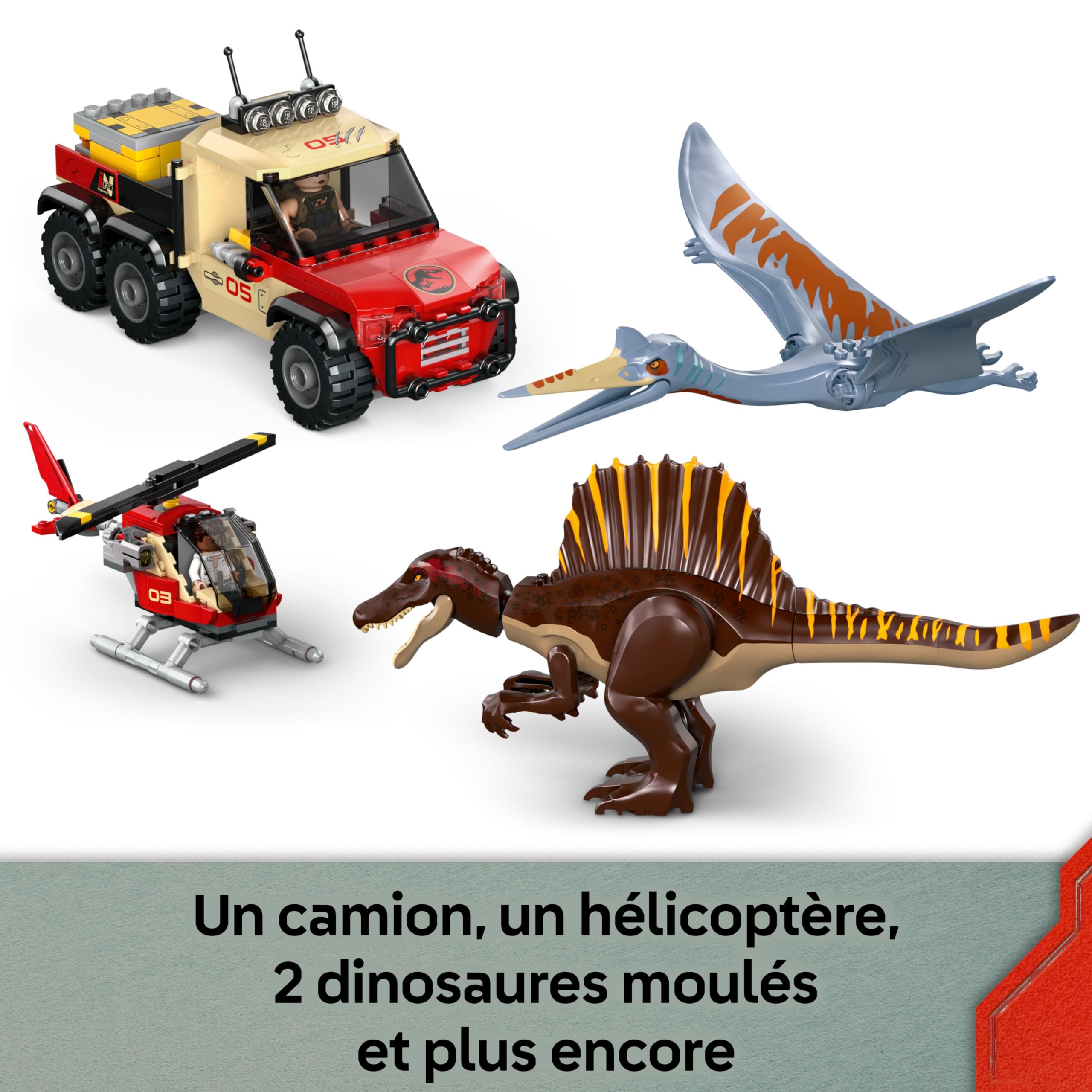 LEGO Jurassic World Mission Aérienne avec Le Spinosaure et Le Quetzalcoatlus - Jouet avec 2 Figurines de Dinosaures - Camion & Hélicoptère - 4 Minifigurines - Cadeau pour Garçon ou Fille 8 Ans 76976