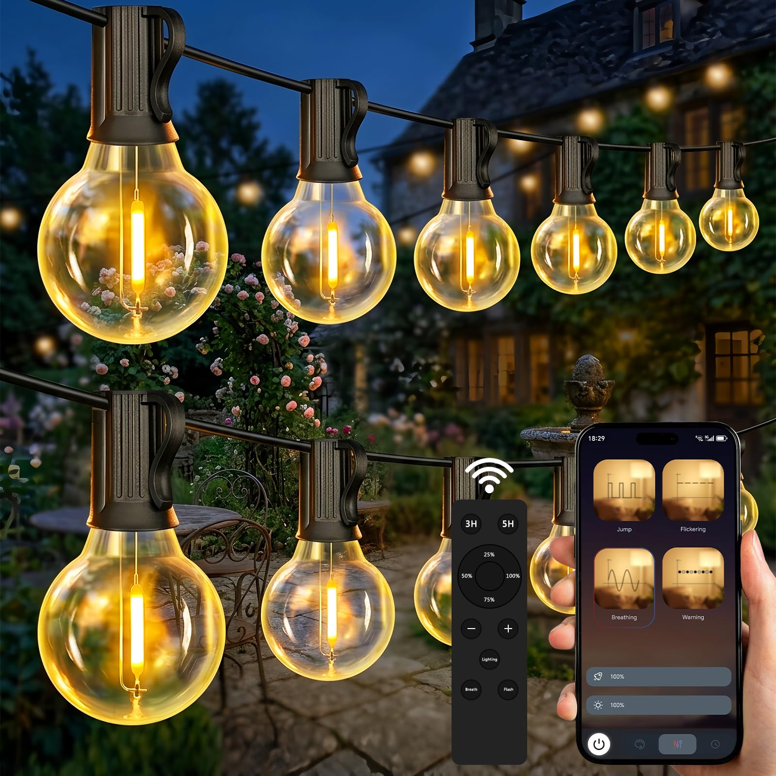 SLOYONGZ Lichterkette Außen Garten,Wasserdicht LED Lichterkette Birnen, Dimmbar mit Timer & Fernbedienung, Strombetriebene Glühbirnen Lichterkette für Patio Party Outdoor Dekoration