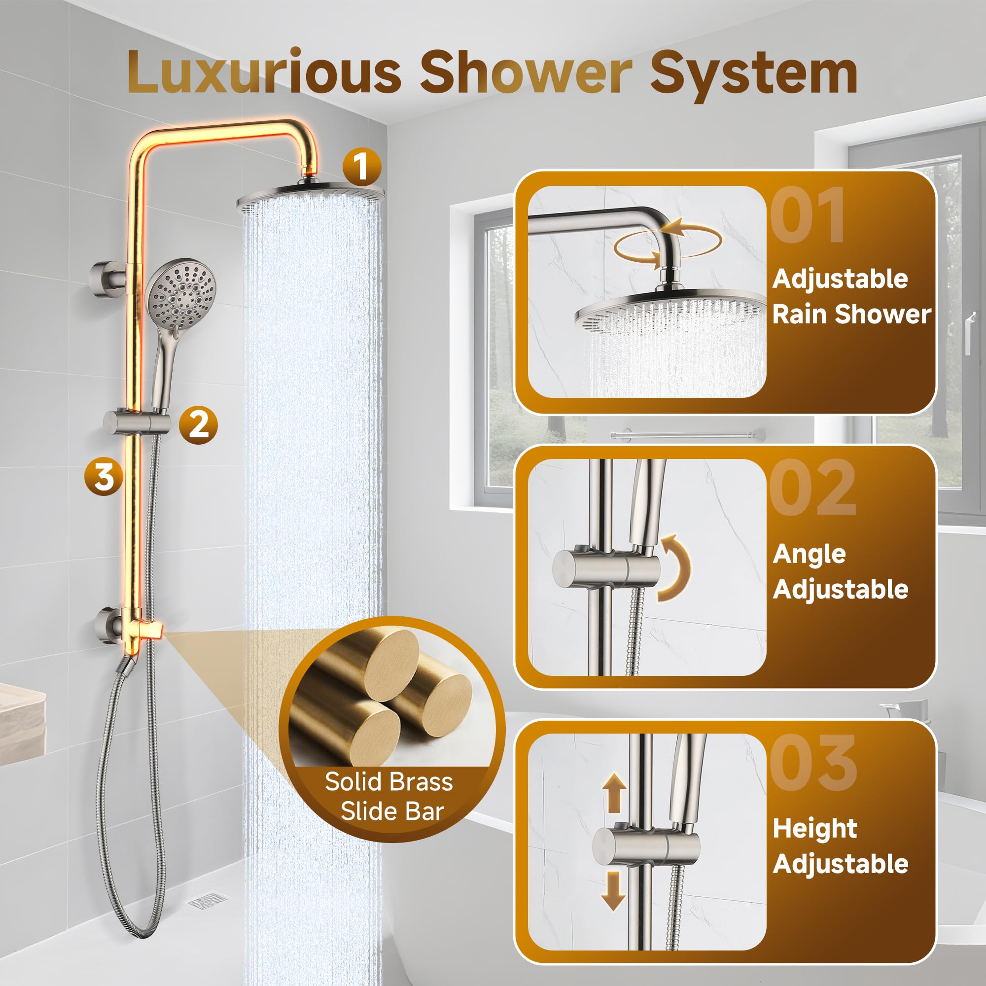 BRIGHT SHOWERS Soffione doccia a pioggia con soffione doccia a pioggia e soffione doccia portatile con supporto regolabile in altezza, guida in ottone massiccio, tubo in acciaio inox lungo 152 cm