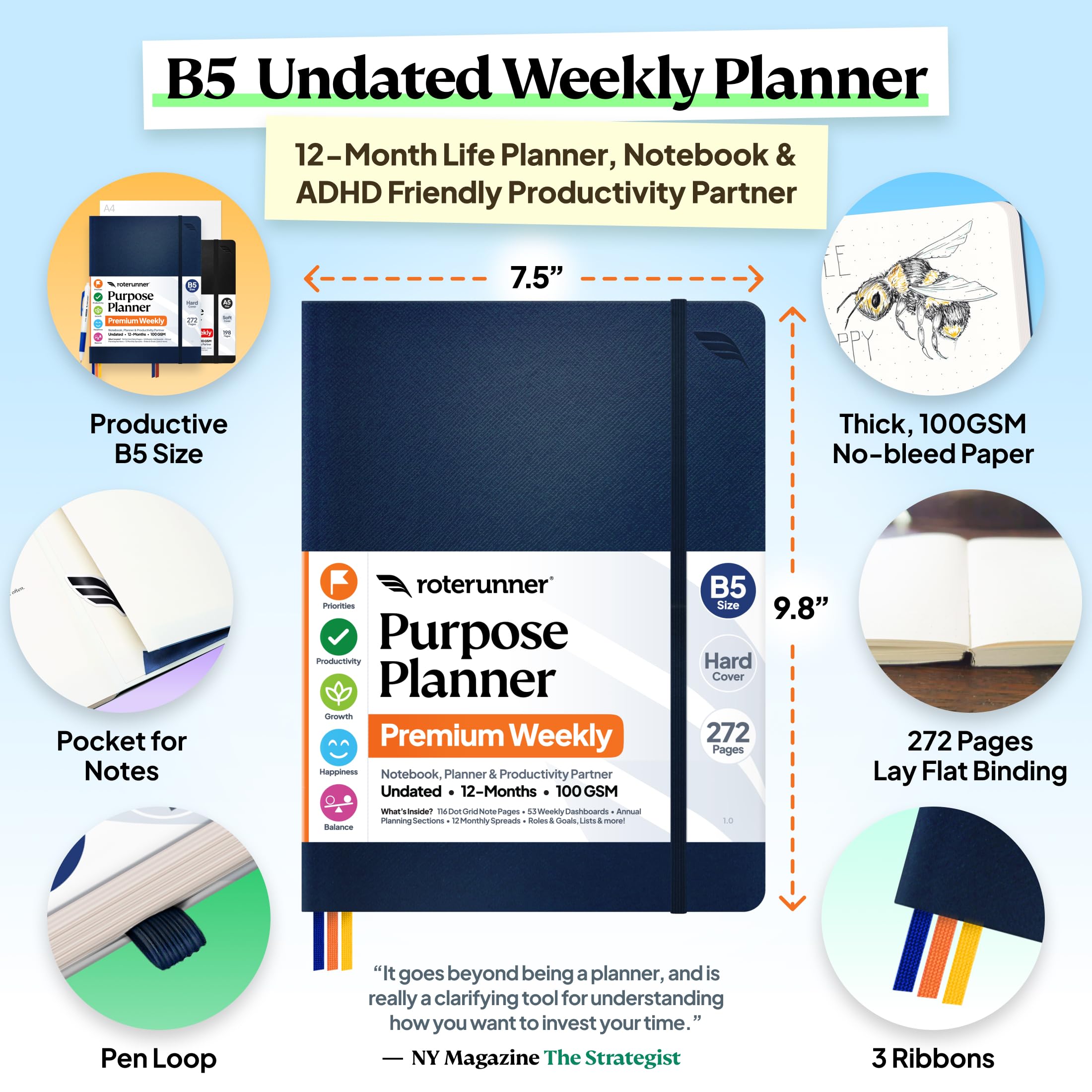 Roterunner Agenda B5, 19 x 24,9 cm, 12 mesi, non datata, 2026, giornaliera, settimanale e mensile, strumento per la definizione degli obiettivi di produttività, per lavoro, casa, ADHD, per adulti