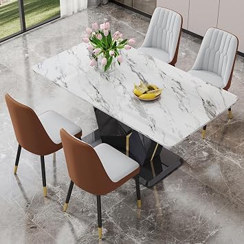 Modern Dining Table Set for 4 White Marble Dining Table with MDF Base 4 Upholstered Straight Metal Leg Chairs Kitchen Table Set for Dining Room, Office 1Table+4Gray&Brown Chair