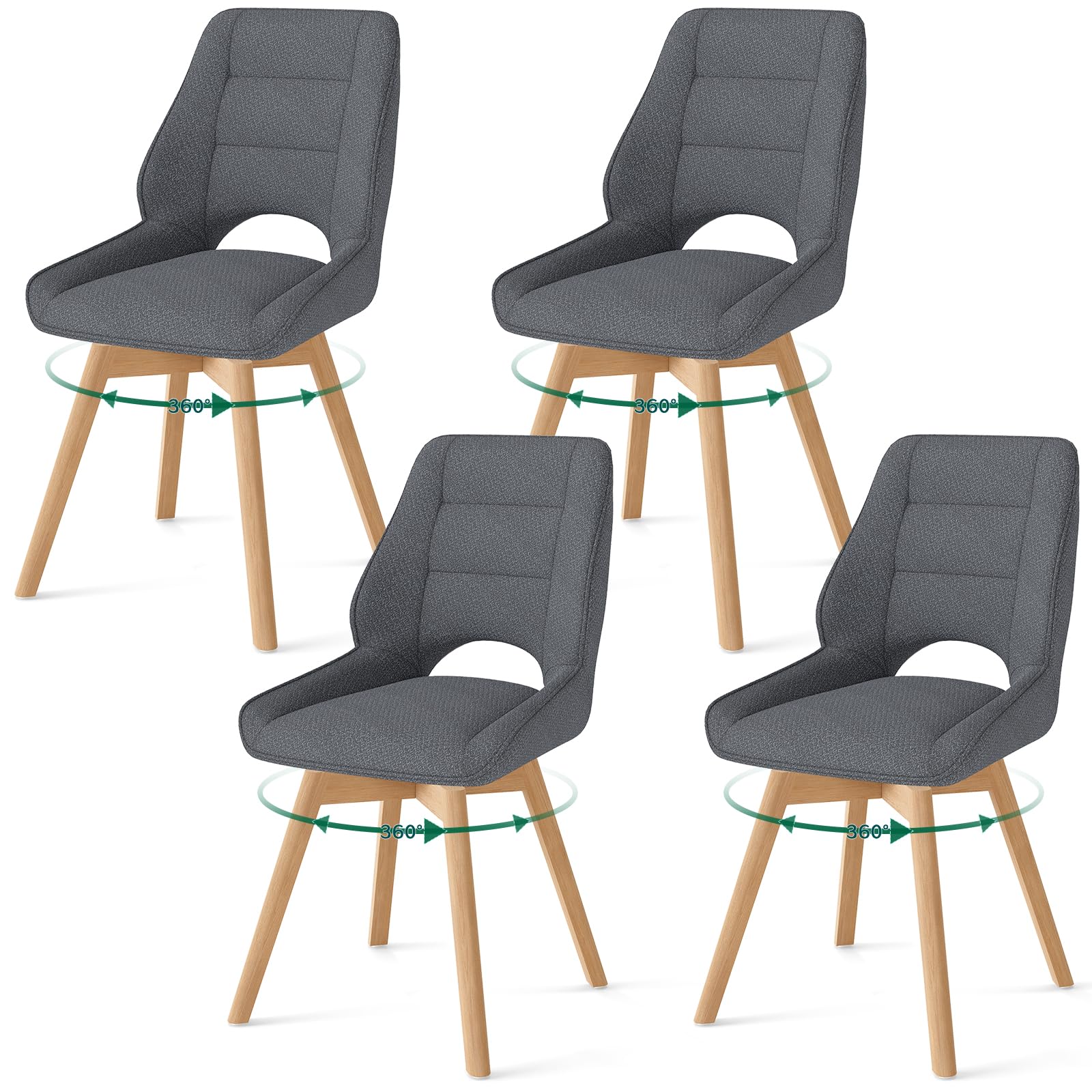 LONGTOO Dining Chairs Wooden Legs Set of 4 Rotates 360°, Dining Chairs with Low Armrests, Chair with Beech Legs Suitable for Dining Room, Kitchen, Living Room and Dressing Table,dark grey