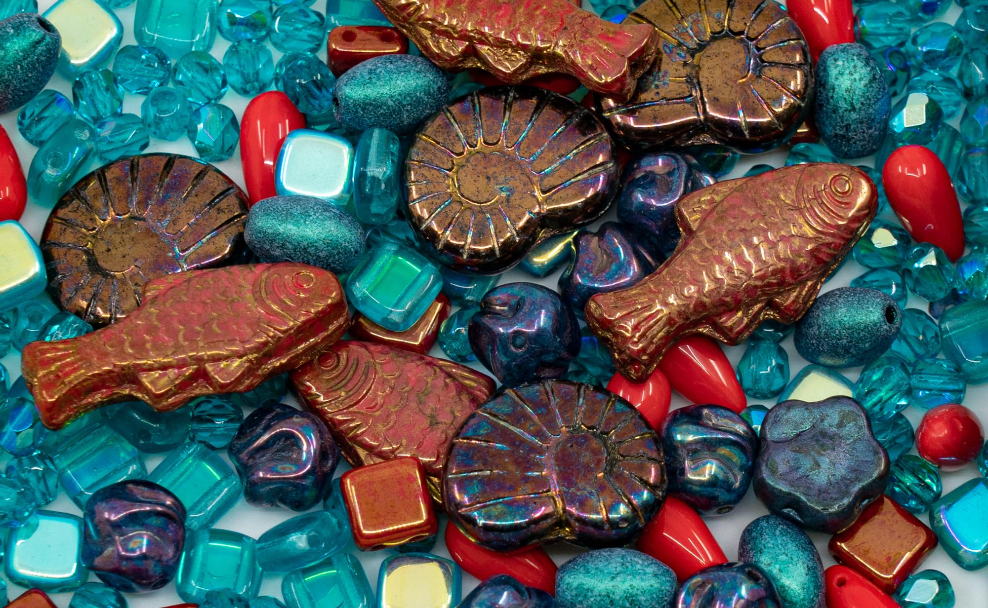 60 g Mix of Unique Czech Bohemia Glass Pressed Beads, Rocailles, Opaque Turquoise Green Copper Crystal Silver, Matte and Glossy, Hand Made BCV — view 96