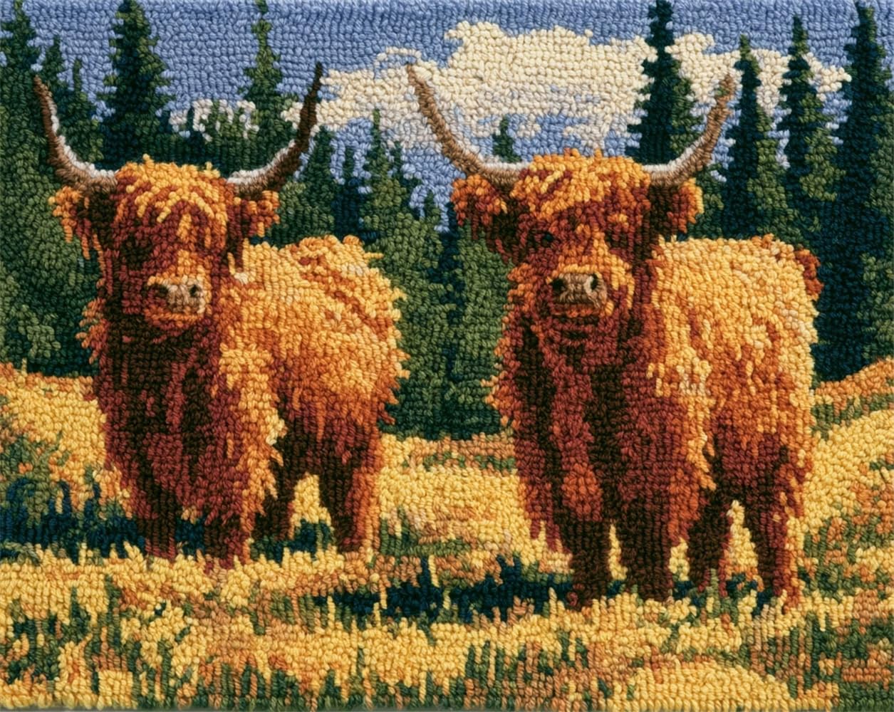 FWRTYCB 3D Latch Hook Rug Kit Highland Cattle in a Meadow