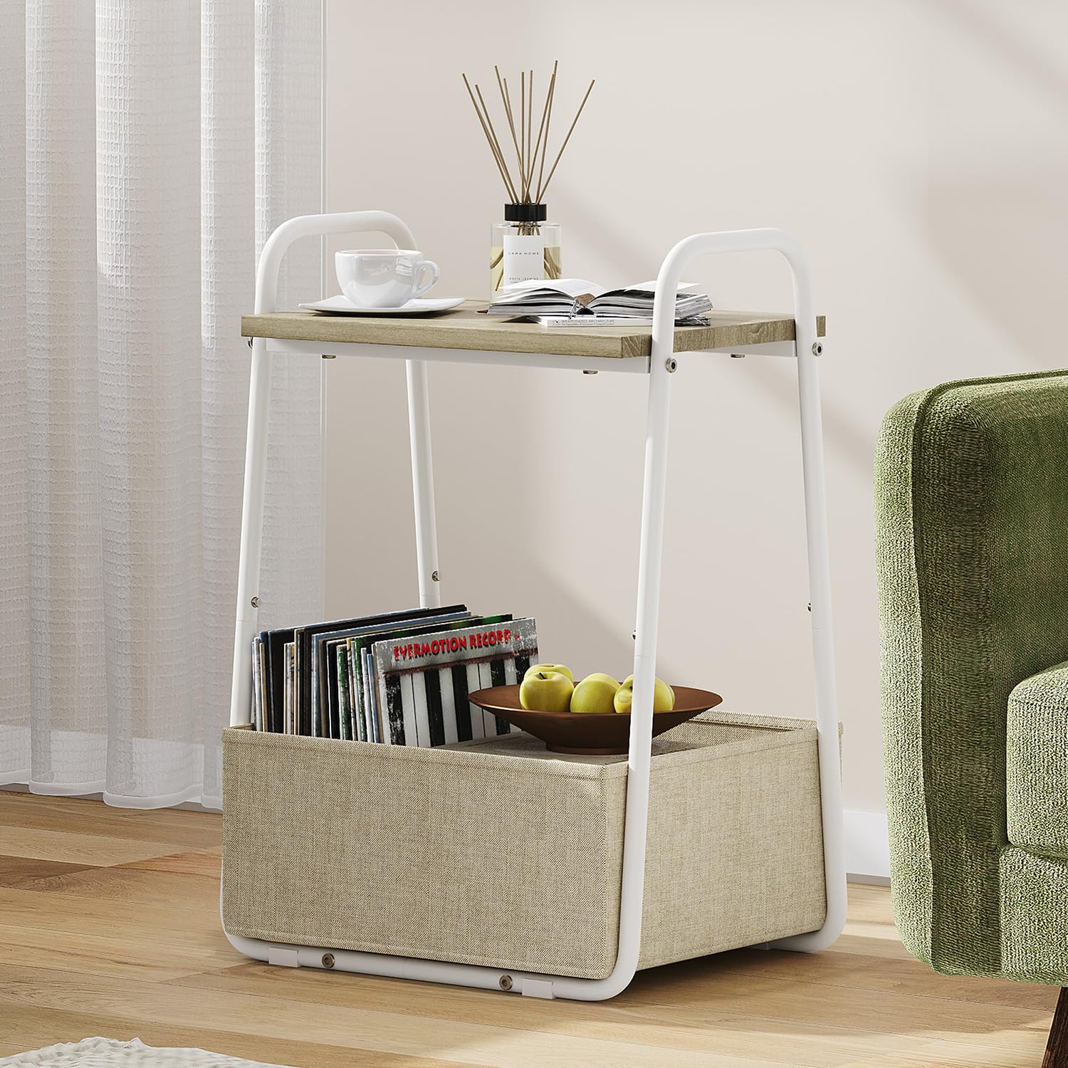 Heybly Side Table, Nightstand with Fabric Storage Basket, Sofa End Table with Metal Frame for Living Room, Bedroom, Ebonized Oak and Black HET002NWB1