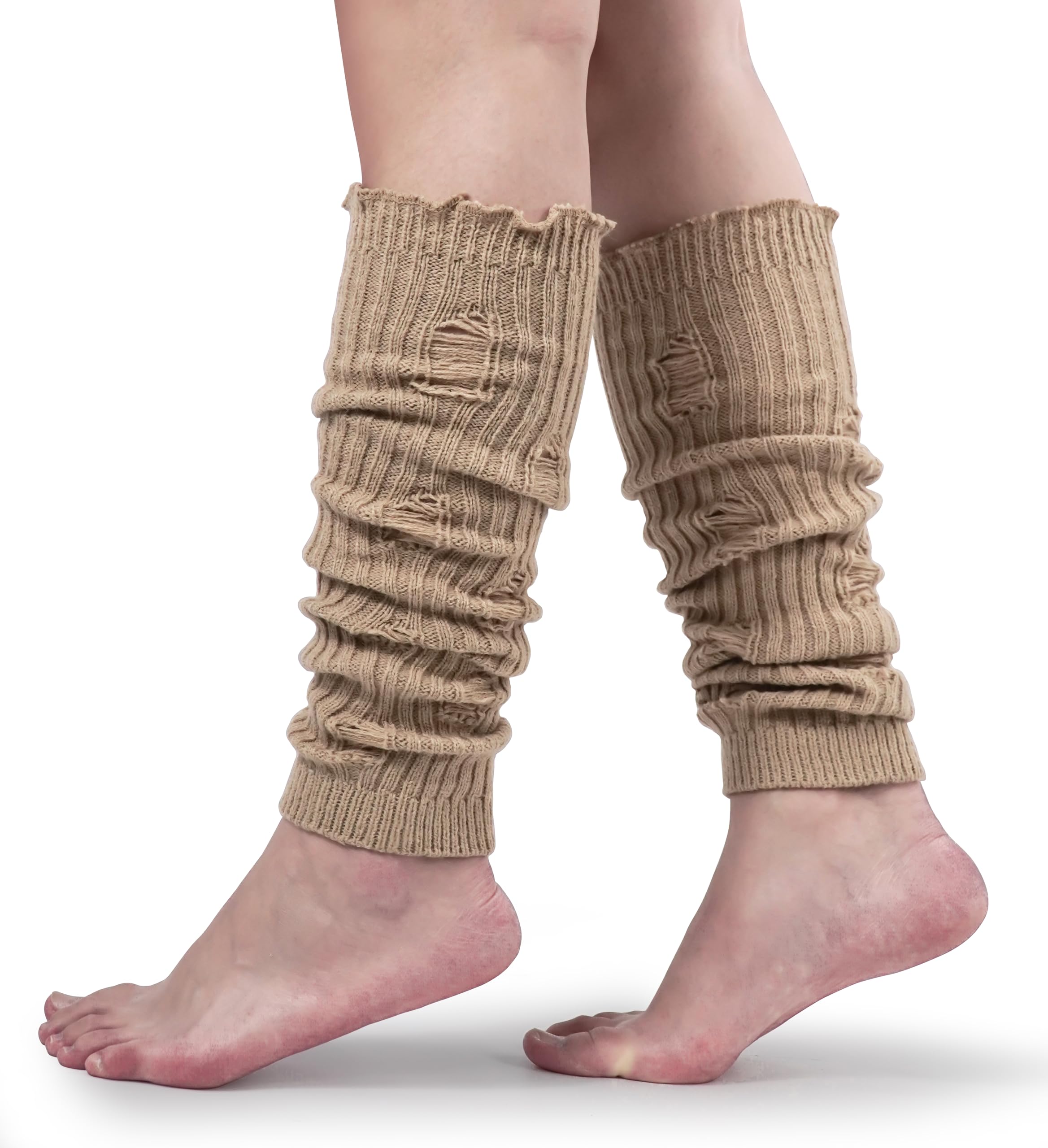 BomKinta Women Leg Warmers with Holes - Fashion Ruffle Stripe Leg Sleeves - Retro Knee High Footless Socks