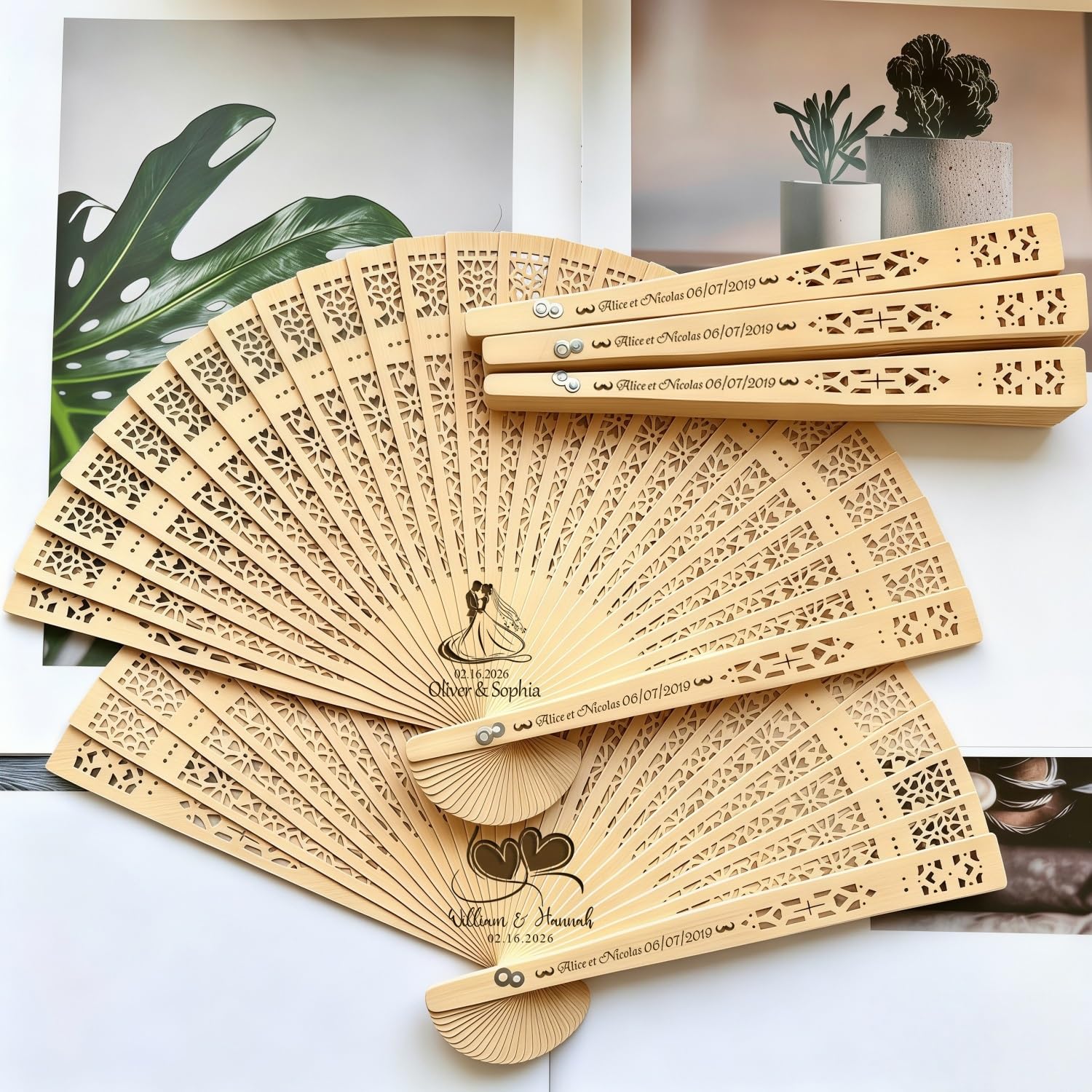 Personalized Engraved Wood Folding Hand Fans, Personalized Name Monogram Hollowed Fan, Modern Elegant Decor for Outdoor Beach Wedding Ceremony(40PCS)