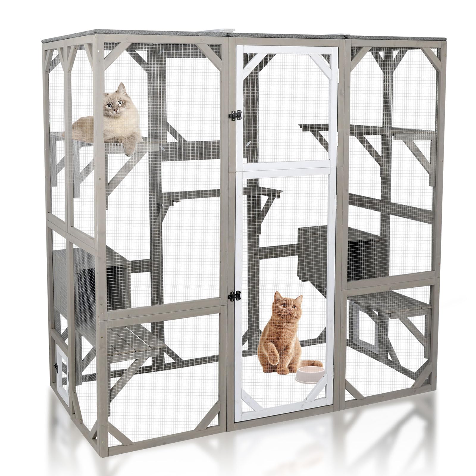 Catio Outdoor Cat Enclosure Window, 71'' Large Cat House for Mulitiple Cats with Enter Door, Multi-Platform, Walk-in Catios Kitty Cage with Waterproof Roof, 2 Napping Houses for Indoor Outside Patio