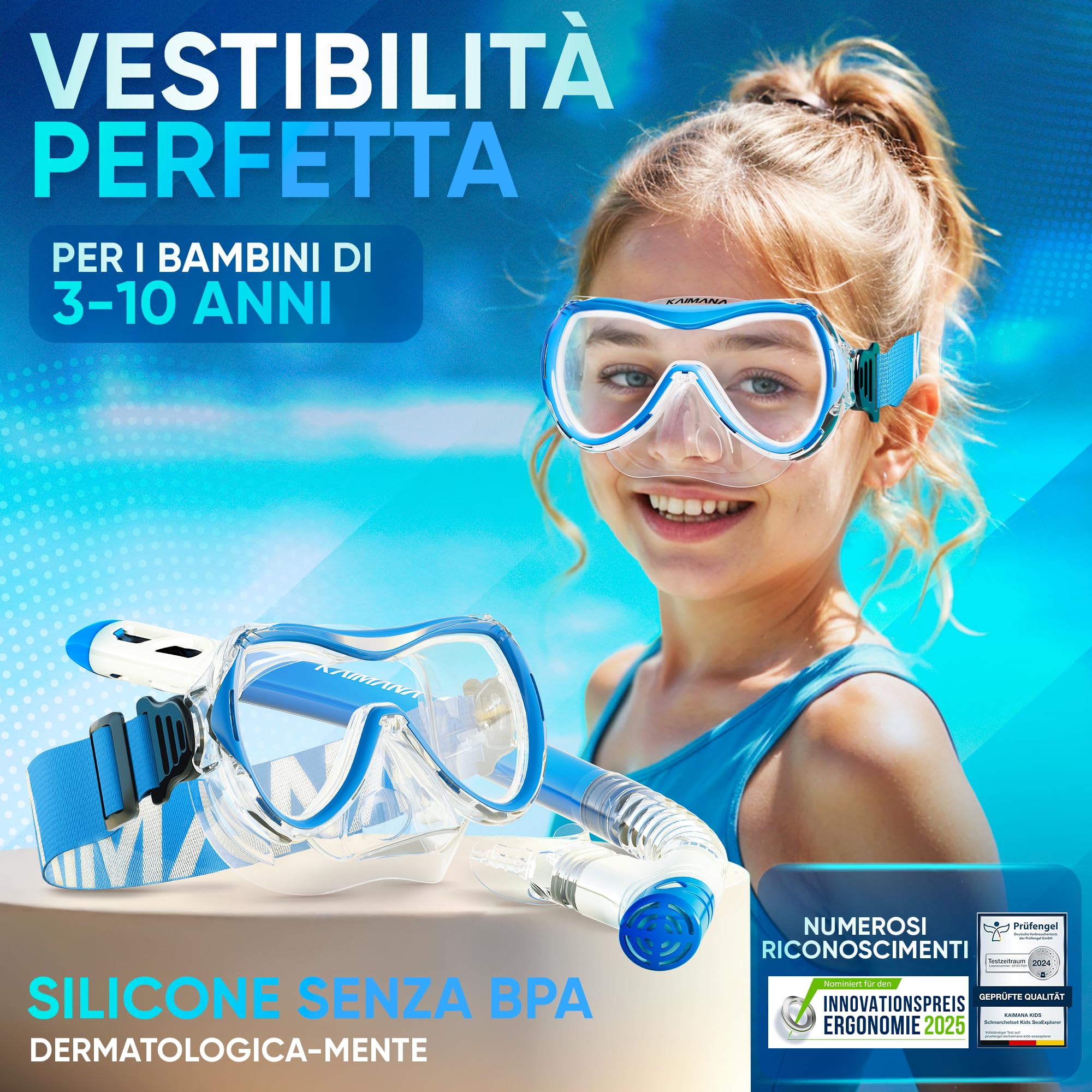 KAIMANA® SeaExplorer Set Maschera Boccaglio Bambini & Borsa – Kit Snorkeling Bambini 3-10 Anni – Maschera con Boccaglio Bambino, Cinturino Tessuto o Silicone – Mare e Piscina