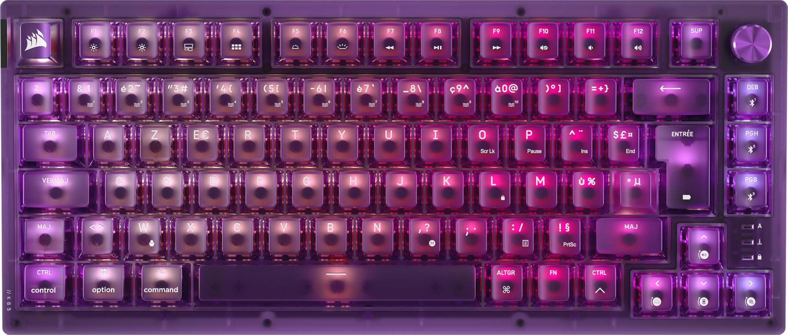 Corsair K65 Plus sans Fil 75% Gaming Clavier (AZERTY FR) – Violet Atomique | RGB, Mechanical, Commutateurs Linéaires CORSAIR MLX Red Pré-Lubrifiés, Keycaps PBT – PC, PS5, PS4, Xbox