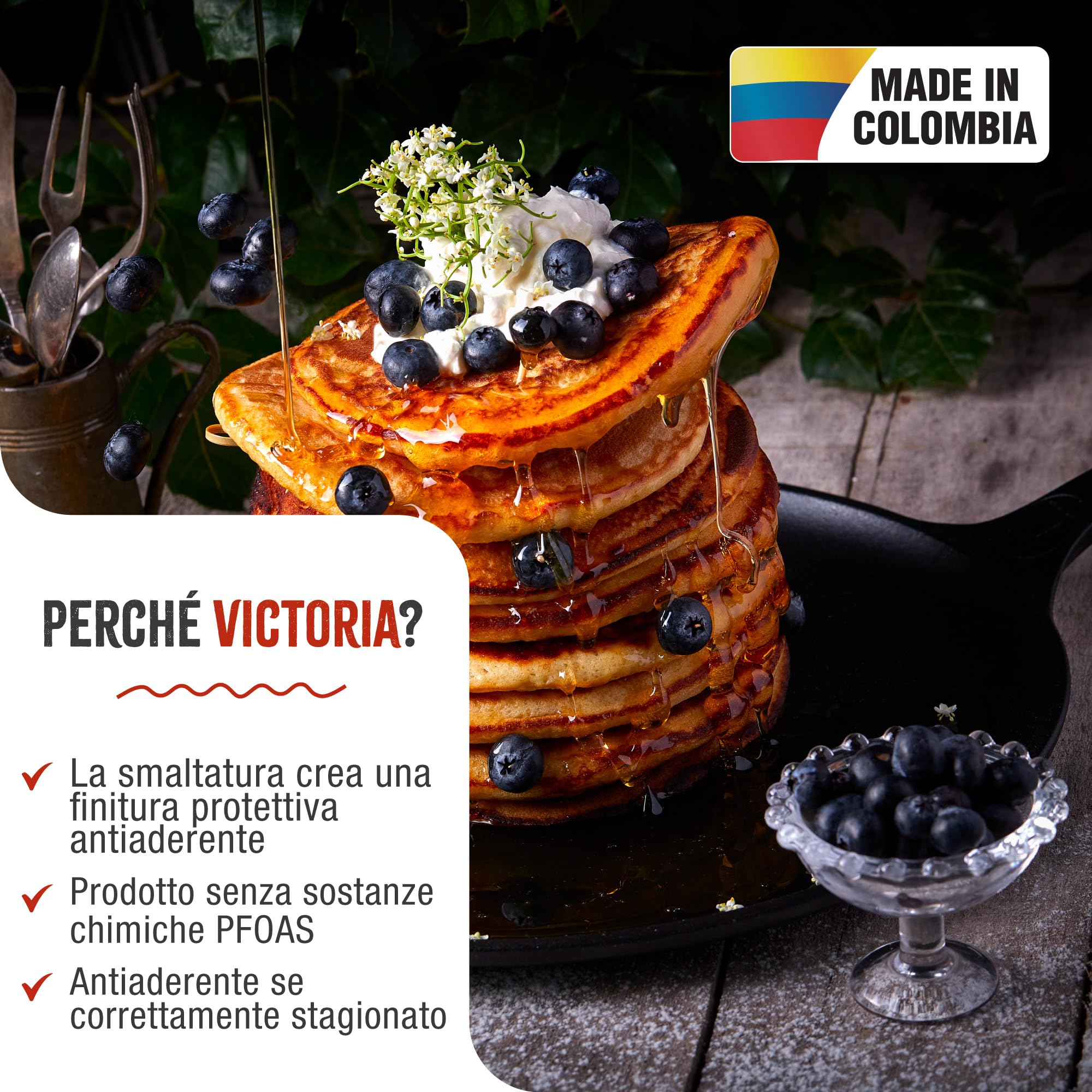 VICTORIA Padella per Grigliare Ghisa Smaltata Induzione Comal per Pizza 30cm, Omeletts, per Fuoco, Barbecue, Forno, Vetroceramica, Gas, Cast Iron Skillet Priva di Sostanze Tossiche e senza PTFE