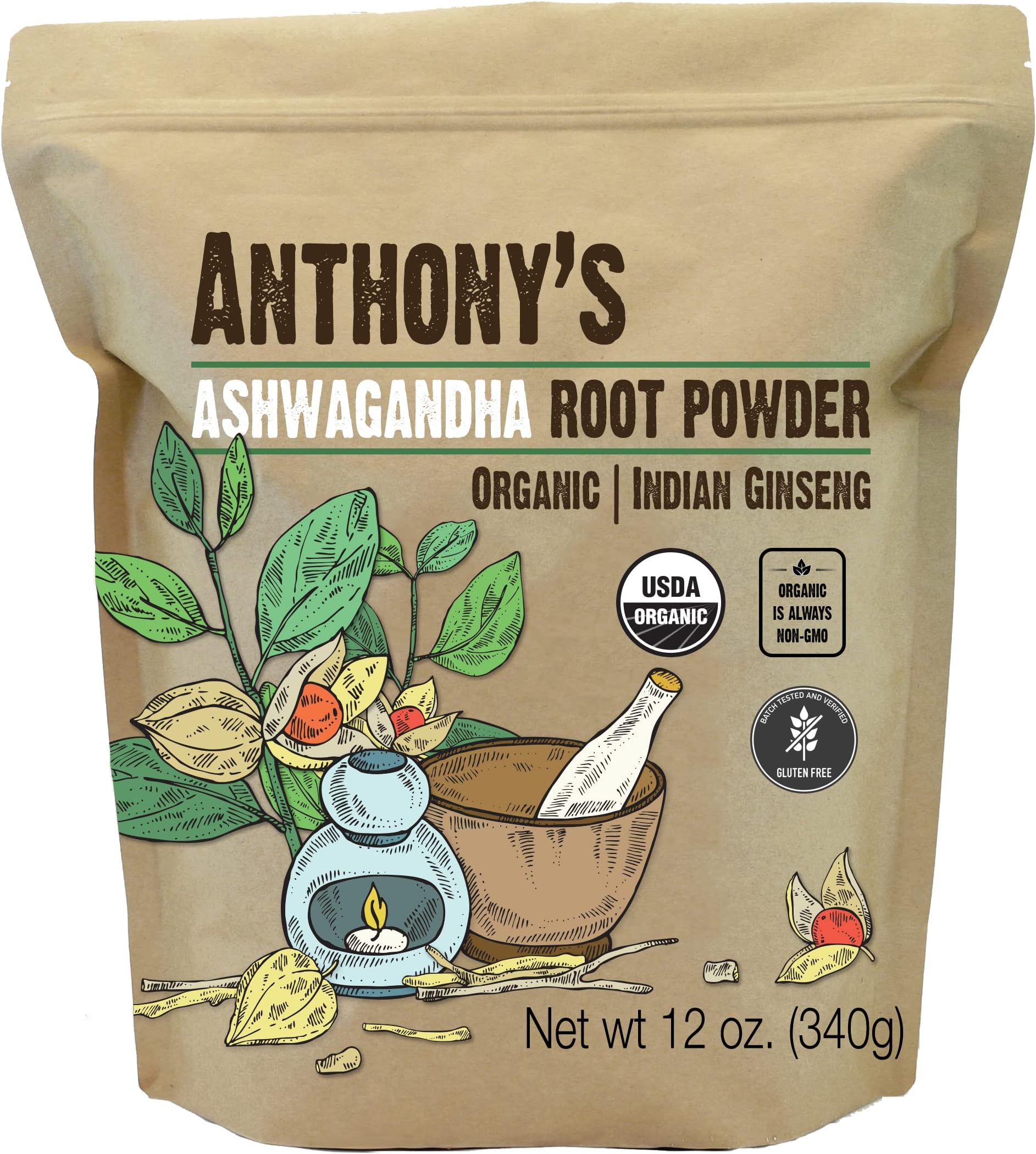 Anthony's Organic Ashwagandha Powder, 12 oz, Batch Tested Gluten Free, Indian Ginseng, Non GMO, Keto Friendly