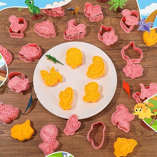 Miniatura 7 de Jspupifip Juego de 16 cortadores de galletas de dinosaurio, sellos de émbolo de galletas de dinosaurio 3D, moldes de prensa divertidos de animales