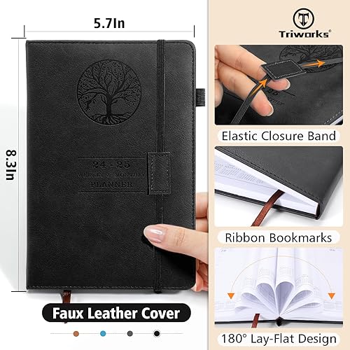 Miniatura 4 de TRIWORKS Agenda 2024-2025, agenda semanal y diaria de julio de 2024 a junio de 2025, cubierta de cuero vegano, cierre elástico, 8.3 x 5.7 pulgadas,