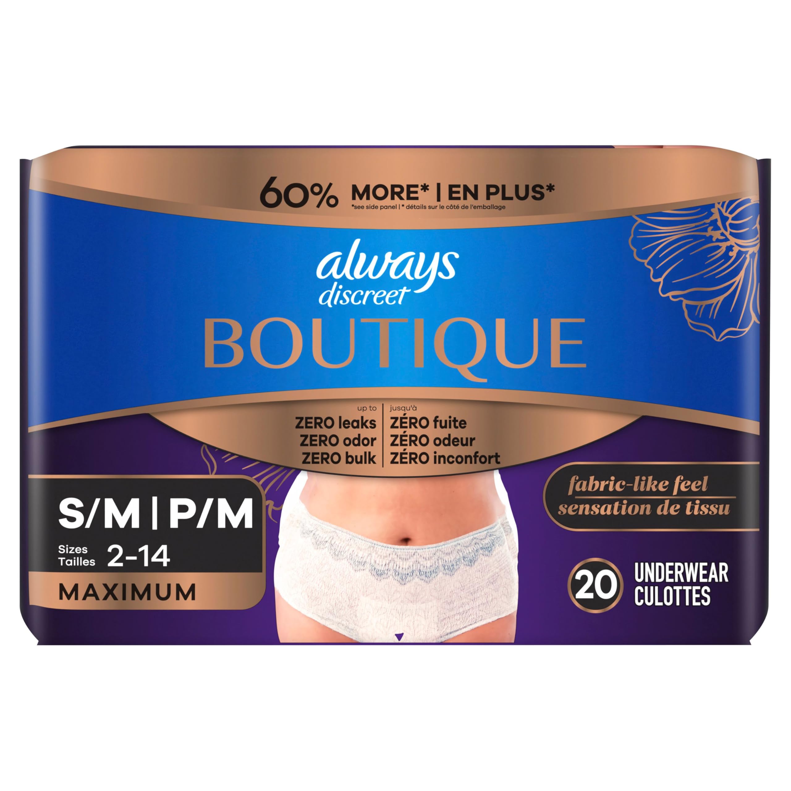 Always Discreet Boutique, Inkontinenz & Postpartum Unterwäsche für Damen, hohe Taille, Größe S/M, Rosa, maximale Saugfähigkeit, Einweg, 20 Stück