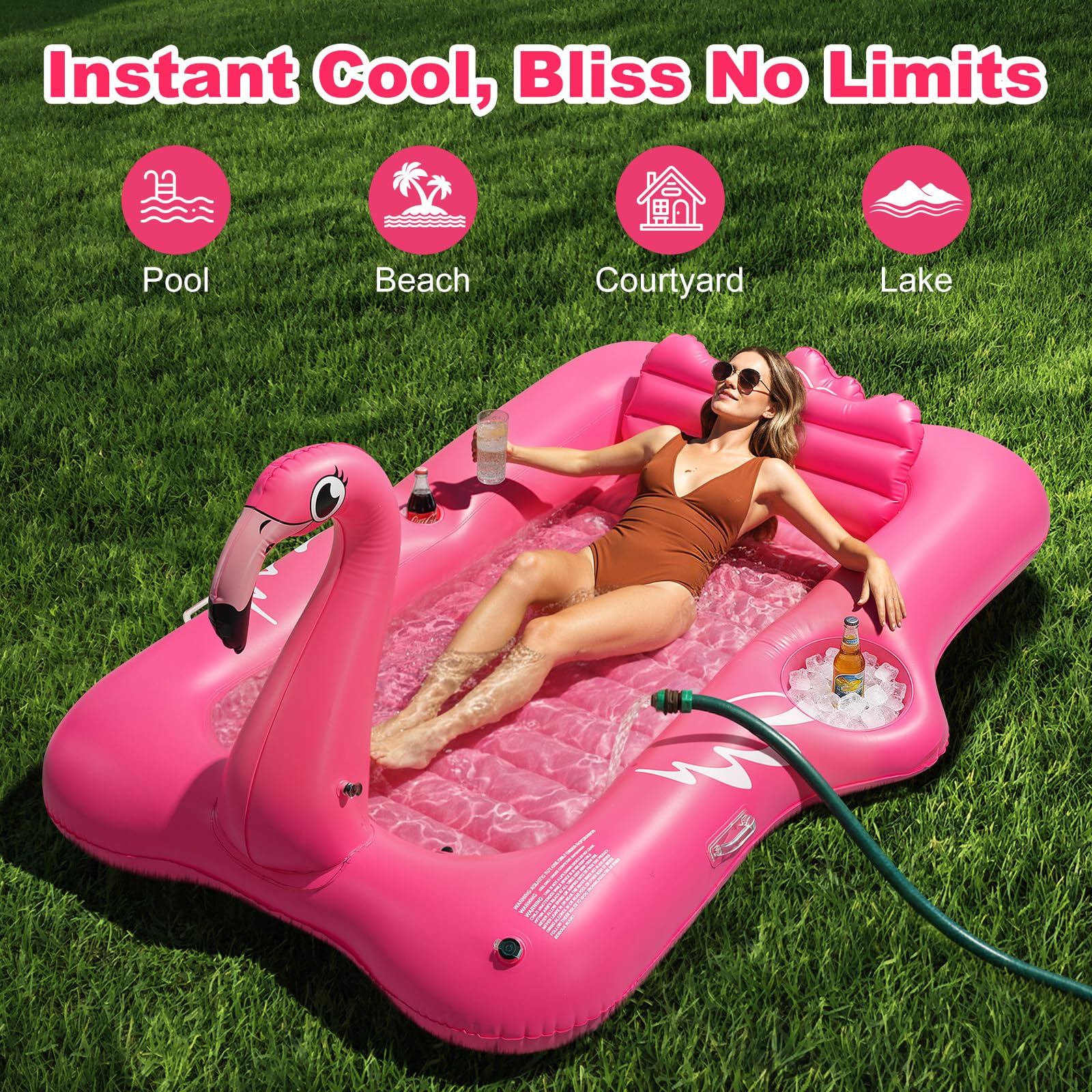 HeySplash Piscina Gonfiabile per Abbronzatura, Lettino Flamingo con Portabicchieri, Gonfiabili per Adulti, Materassino con Maniglie e Cuscino Staccabile per Spiaggia ed Estate (210x128 cm)