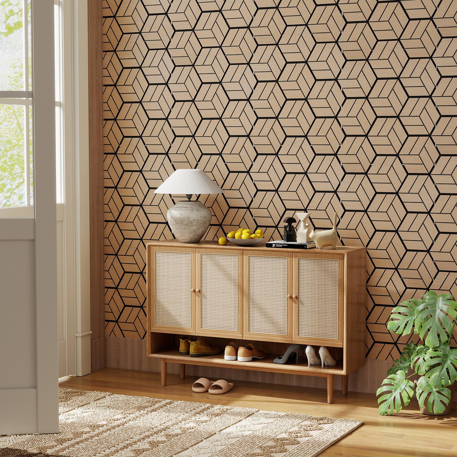 COSTWAY Set di 4 Pannelli Fonoassorbente, Pannelli Acustici per Pareti, 81x 66 cm, 9 Tavoletta Esagonali in Legno, per Riduzione del Rumore, Decorazione Interna, 2,1 m²