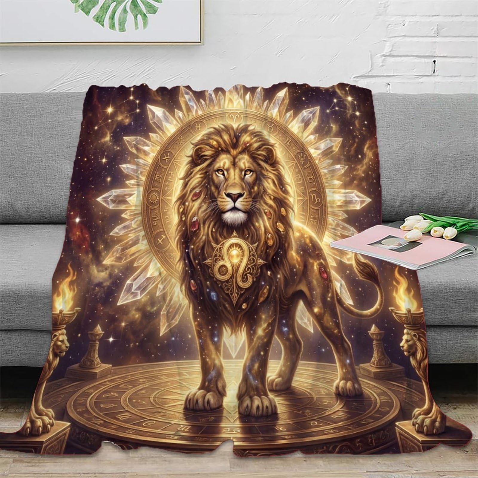 Leo Zodiac Fantasy Lion Flannel Throw Blanket, Bedroom Sofa Couch