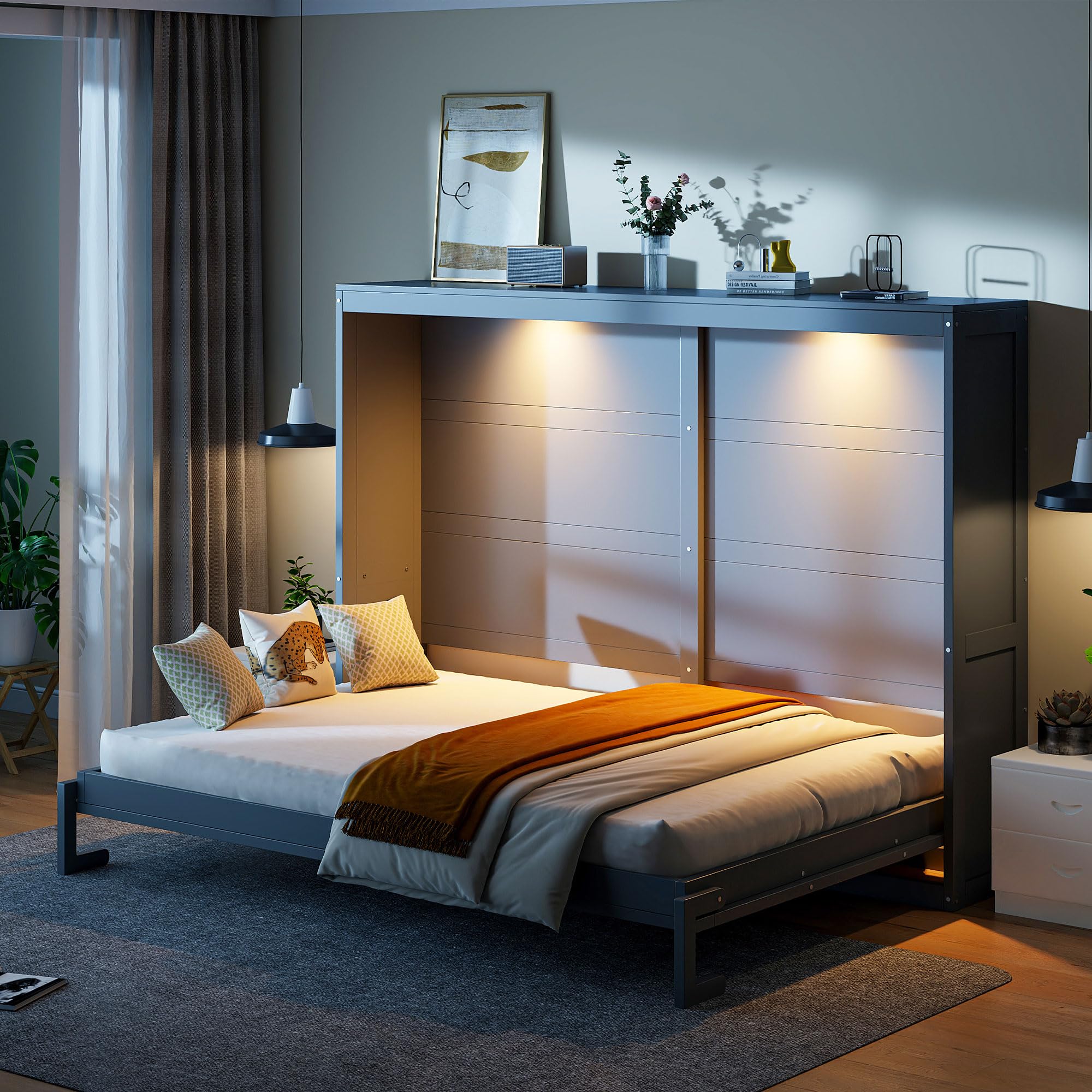 Harper & Bright Designs Queen Size Murphy Bed Wall Bed with LED Lights, Solid Wood Queen Platform Bed, Murphy Chest Bed, Muti-Functional Cabinet Bed