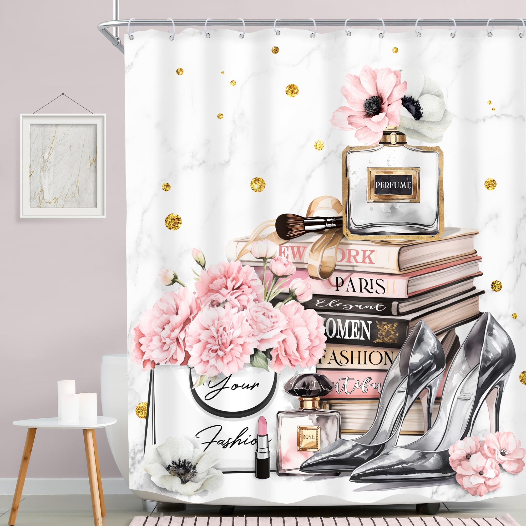 MESHELLY Fashion Pink Shower Curtain 60Wx72H Flower Perfume Girly Curtain for Girls Women White Gray Gold Marble Fabric High Heels Magazine Books