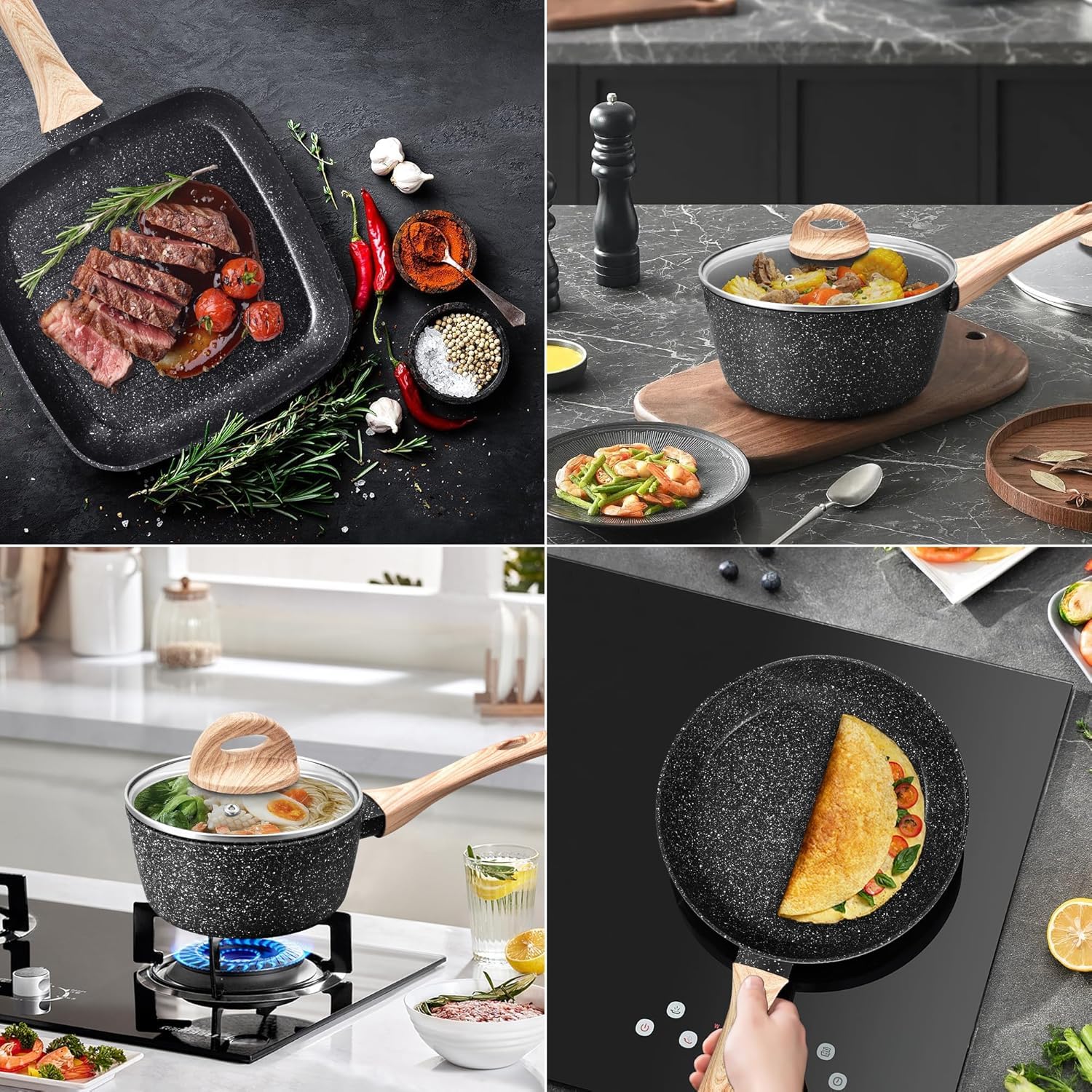Batterie de Cuisine à Induction, 19 Pièces Casseroles et Poêles Antiadhésive en Granit Noir, Poêles 24/28cm, Casseroles 18/20cm, Poêle Griller 28cm, Tous Feux dont Induction, sans PFOA, PTFE