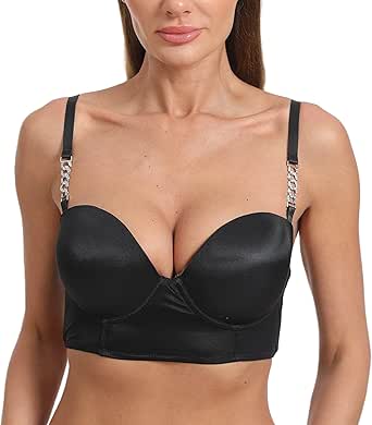 Sexy Push-Up Bras for Women - Black Longline Bra with Rhinestone Buckle