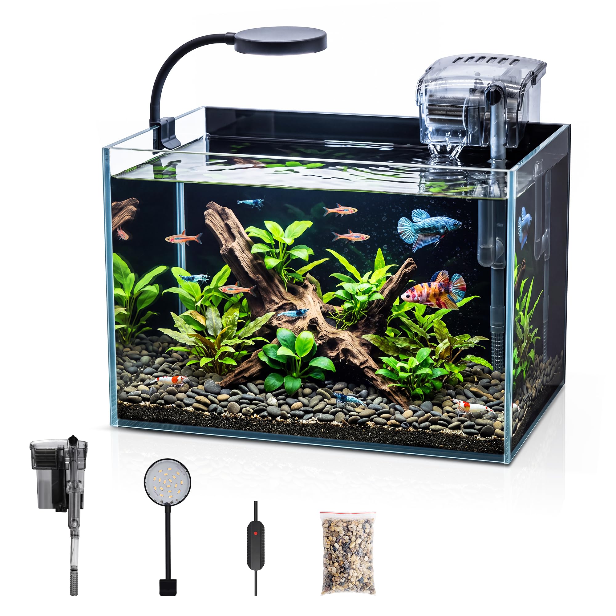 Kit per acquario per pesci: 2,8 galloni ultra-trasparente da tavolo senza montatura con luce LED e filtro, include pietra paesaggistica, set completo per piccoli pesci, gamberetti o betta, nero