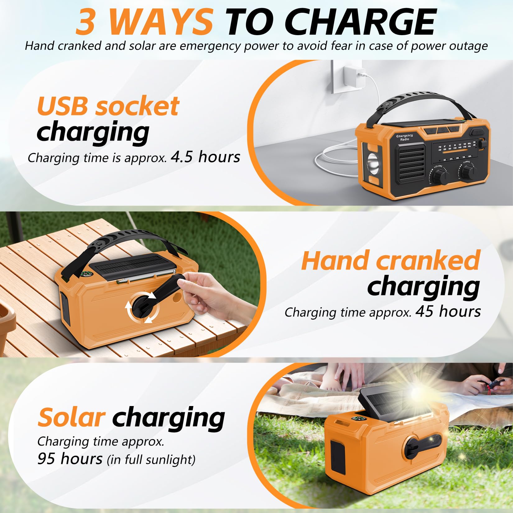 27000mAh Radio Emergencia, FM/Am Radios Solar y Recargable con Bluetooth 5.3/Alarma SOS/Brújula/Linterna, Radio De Dinamo para La Preparación Al Aire Libre para Desastres Naturales (Naranja)