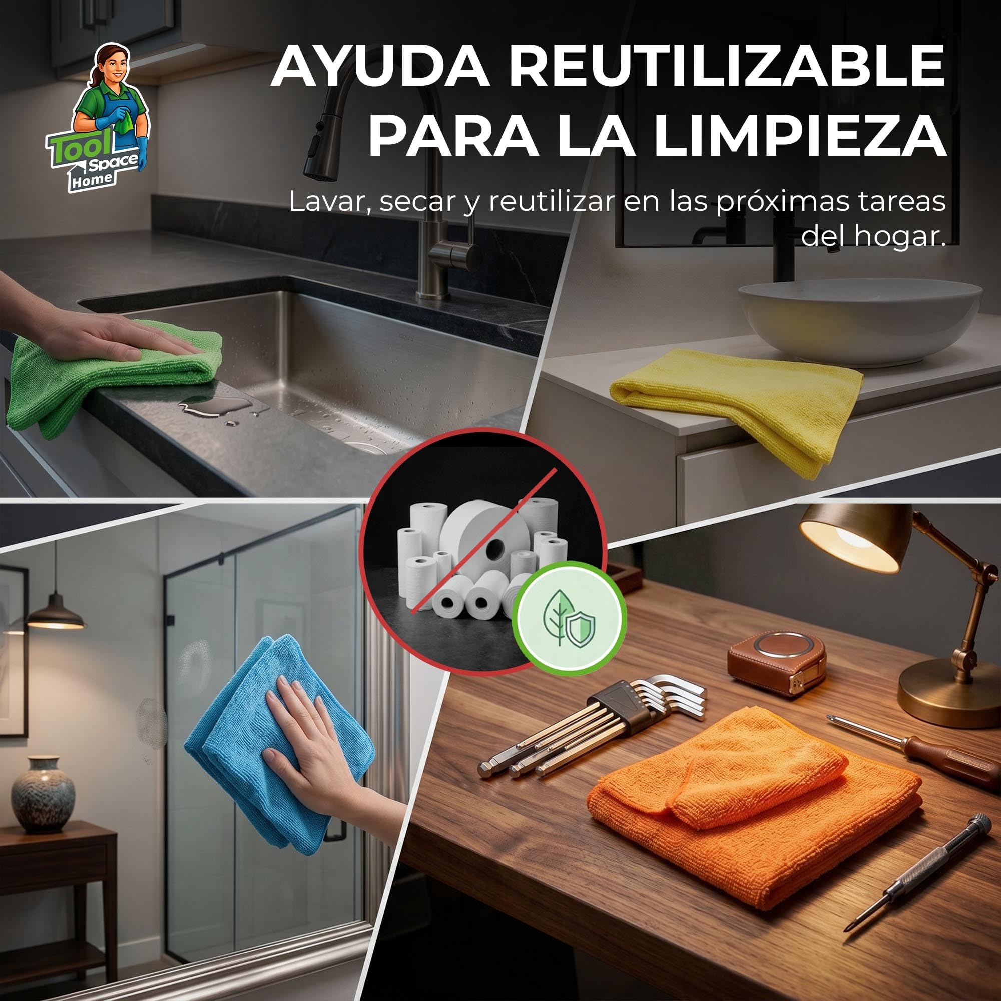 ToolSpace Paños de Microfibra 30x30 cm 20 Unidades 240 gsm para Coche Cocina Baño Cristales Espejos Muebles Suaves Absorbentes Reutilizables Sin Rayas Microfibra 80/20 Multicolor Limpieza Hogar