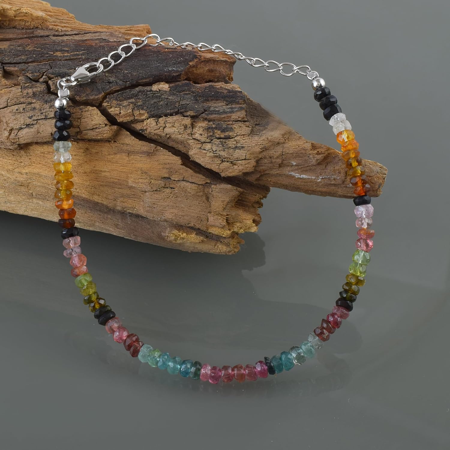 Natural 4 MM Multi-Color Tourmaline Beaded Bracelet – 8" Healing Gemstone Chakra Jewelry with 925 Sterling Silver