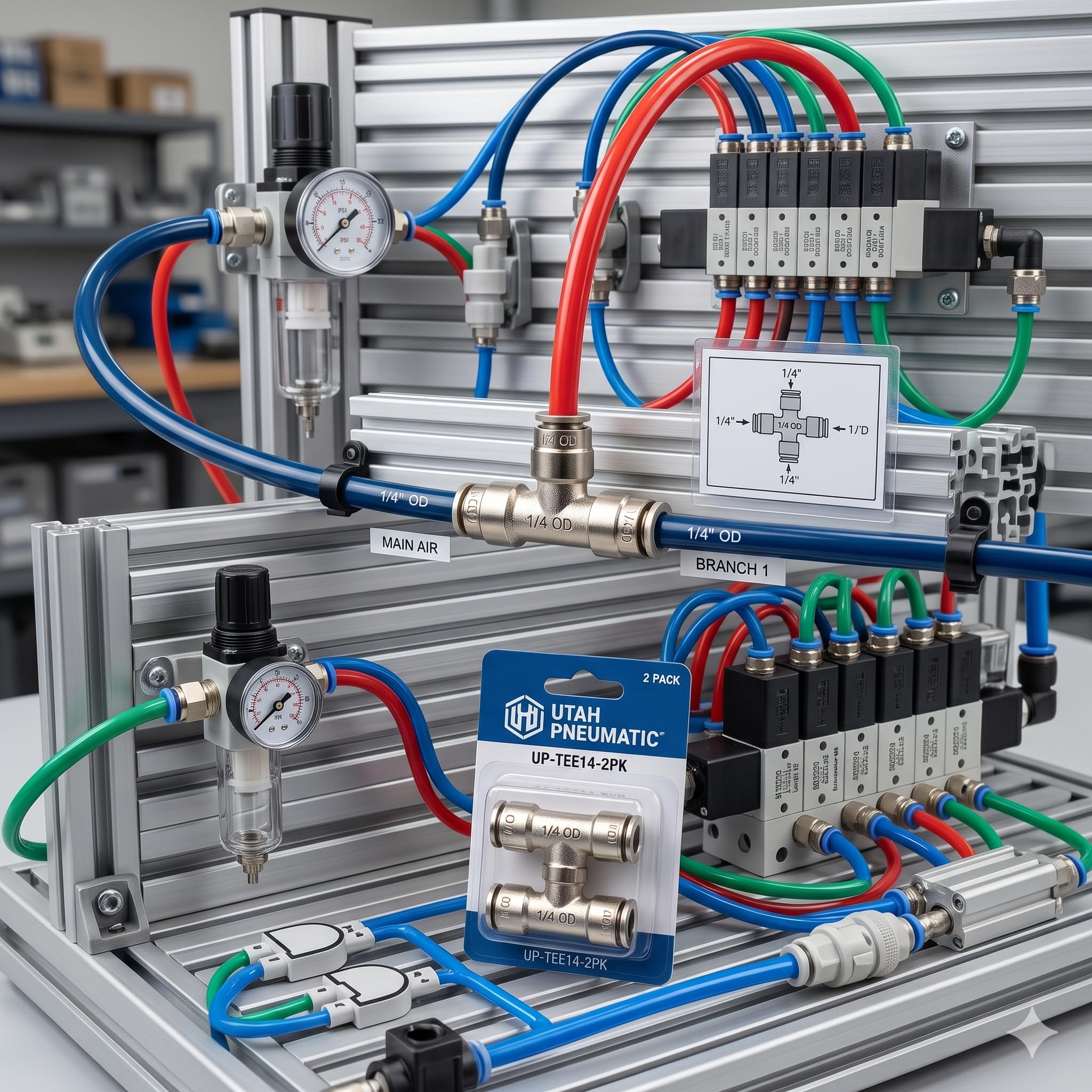 Utah Pneumatic 1/4 Push To Connect Tee, accesorios de línea de aire de latón niquelado – 5 unidades