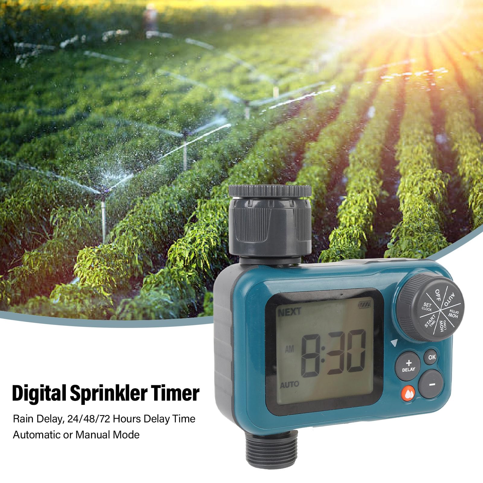 Sprinkler Timer with Rain Delay, Digital Water Timer, Programmable Irrigation Controller for Garden Hose Watering, Auto Manual Delay Modes, Large LCD Display, IP54 Water Proof