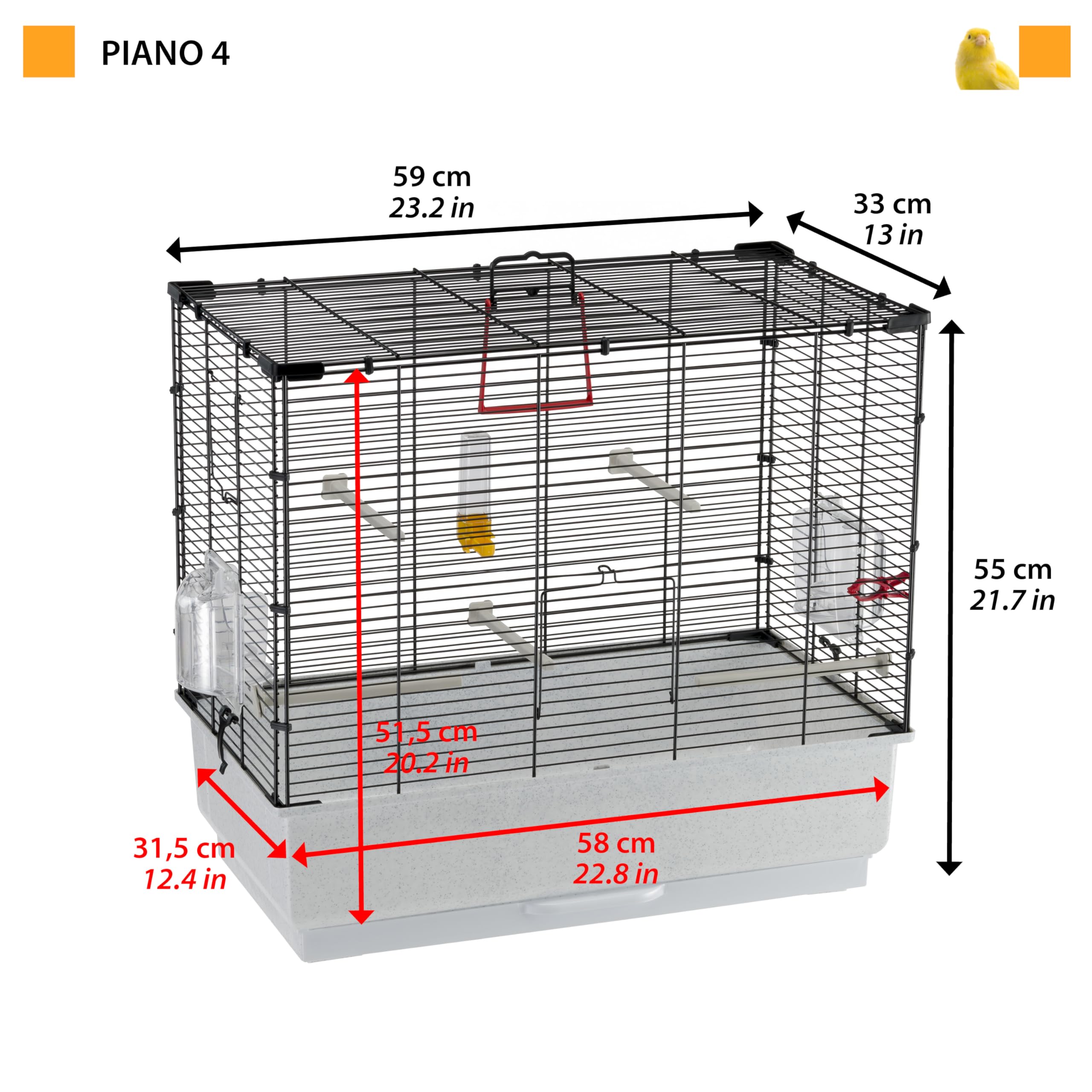 Ferplast Gabbia per Uccelli PIANO 4, Gabbia Canarini Uccellini, con Mangiatoie per Uccelli, Abbeveratoio Uccelli, 59 x 33 x h 55 cm, con Accessori, Vassoio Estraibile
