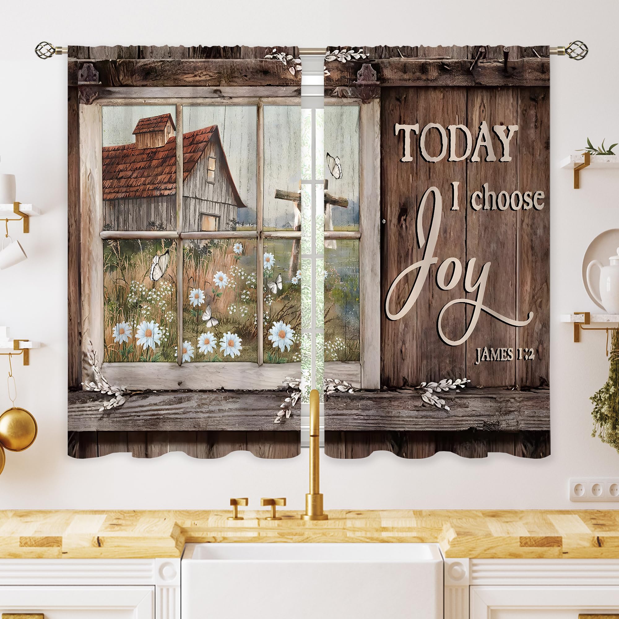oolygoo Farmhouse Daisy Wooden Small Kitchen Curtains Brown Barn Door Quotes Window Treatment Flower Inspirational Country Cafe Short Window Curtains for Bathroom Tier Treatment Drapes 27.5x39 inch