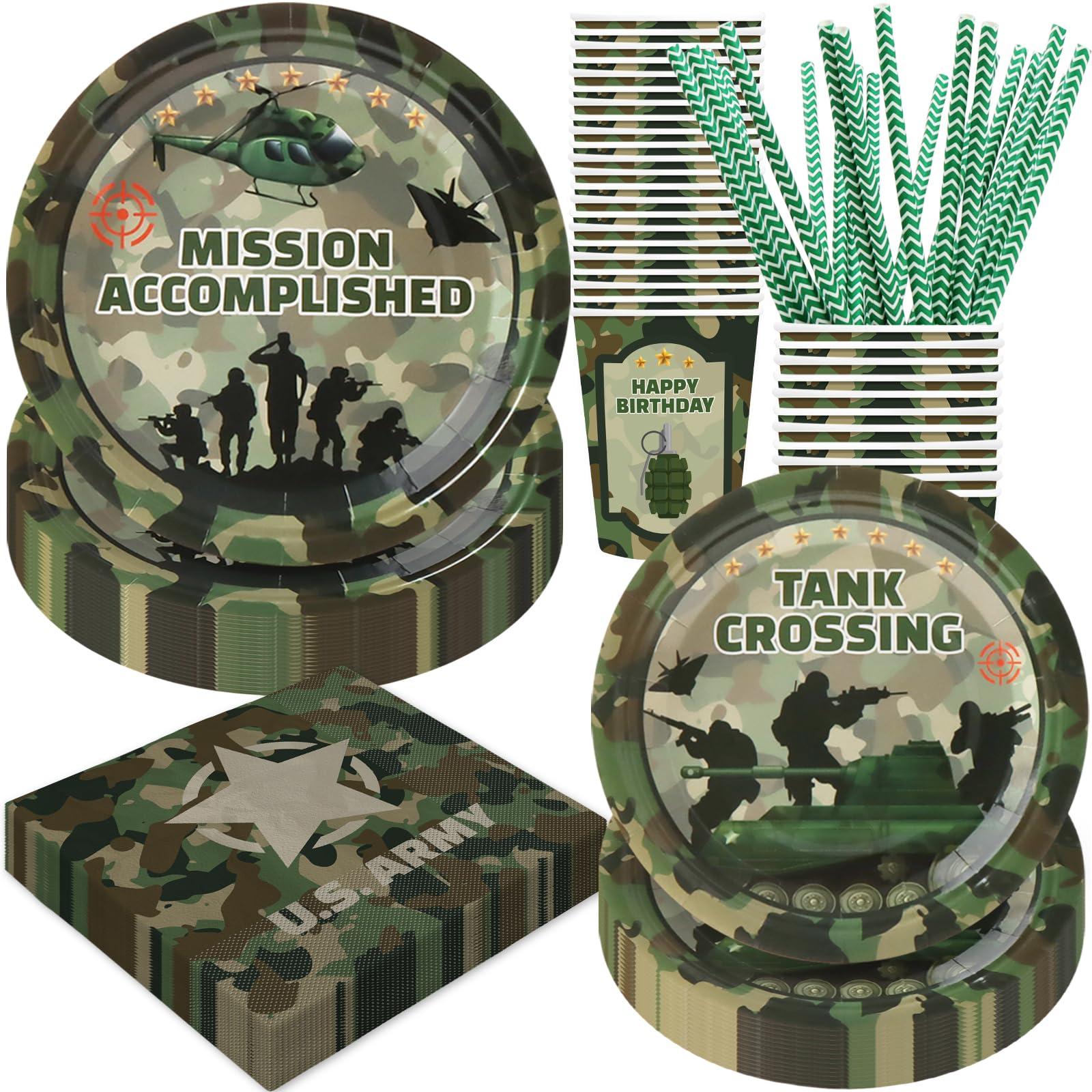 Army Birthday Party Decorations, 120Pcs Camo Themed Party Supplies Tableware Includes Paper Plates, Napkins, Cups and Straws, Serves 24