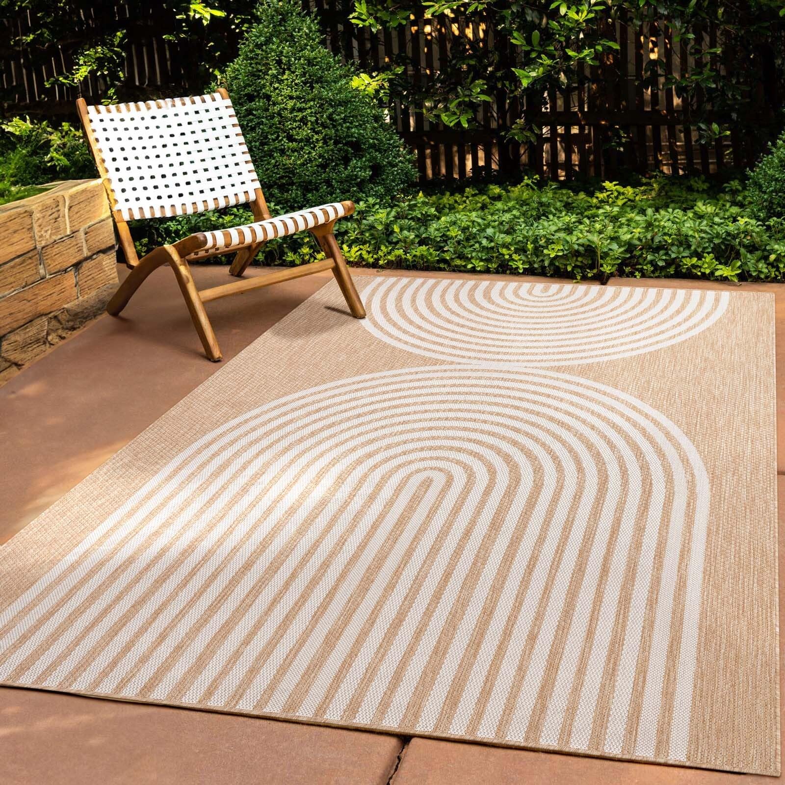 Taracarpet In & Outdoor Teppich Wetterfest Wohnzimmer Balkon Küchenteppich Terrassenteppich Flachgewebe Sisaloptik mit Muster Boho Kreise Natur beige 140x200 cm