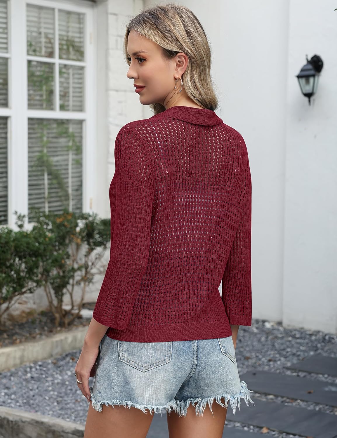 LOMON Shrug Cardigan for Women 3/4 Sleeve Casual Openwork Knit Sweater Tops Spring - Image 3